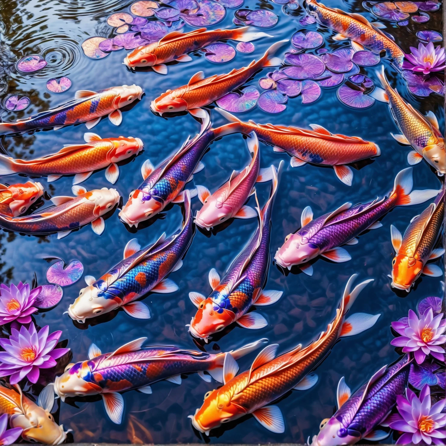 timascus style,realistic, a photo of a koi carp lake with thousands of small timascus carps swimming, water lillies,(SimplePositiveXLv2:0.6), <lora:Timascus_merge_update:1>