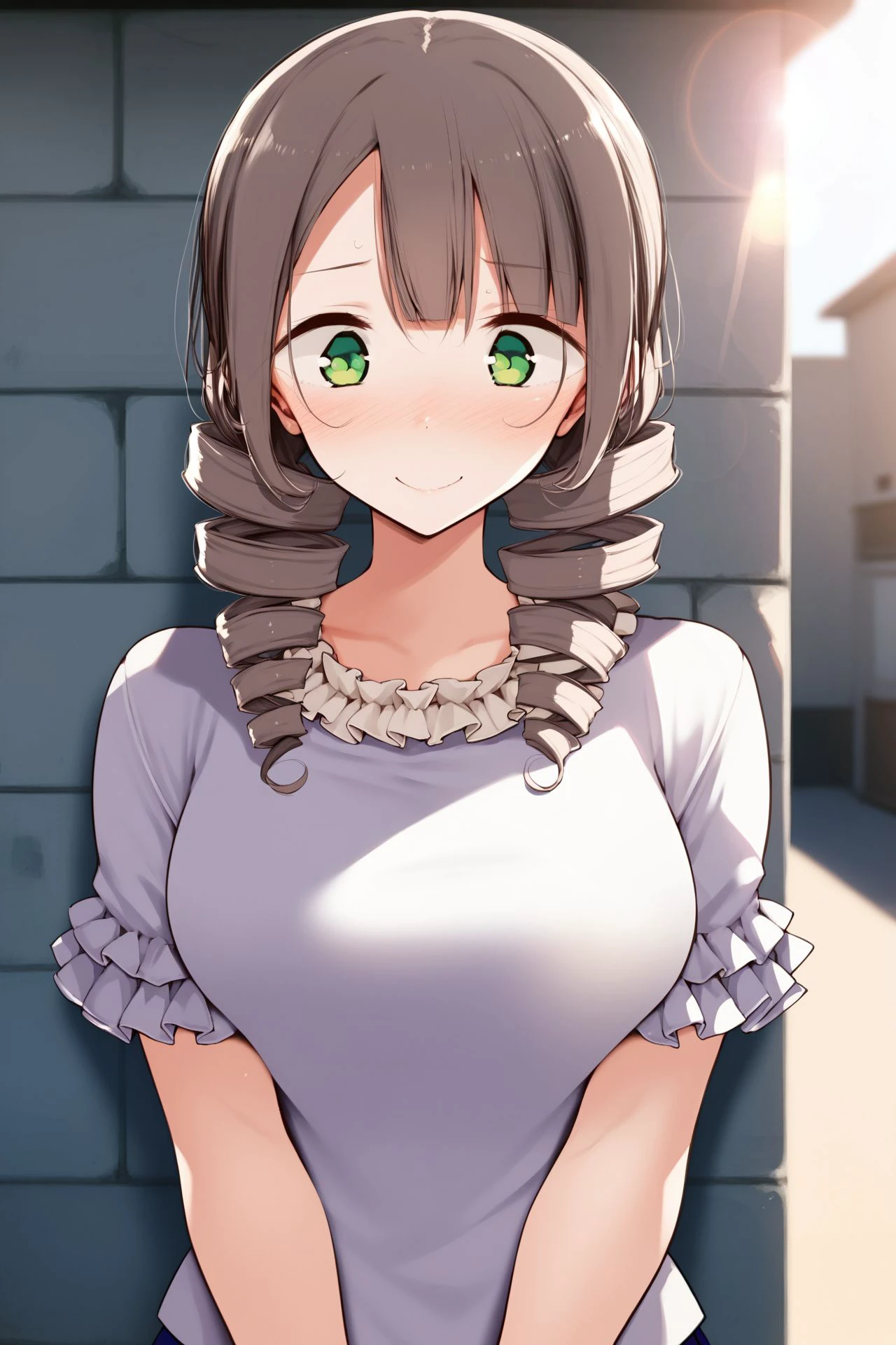 score_9, score_8_up, score_7_up, 1girl, textured skin, embarrassed nose blush smile, dark brown hair, straight-across_bangs, ringlets, dark green eyes, large breasts, light purple frilled shirt, lens flare, outdoors, <lora:oouso_PonyXL_style_v01.06:1>