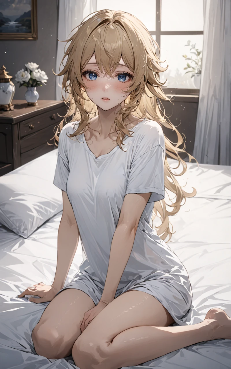 extreme detailed 1girl, masterpiece, ultra-detailed, an extremely delicate and beautiful, solo, navia /(genshin impact/), blue eyes, messy hair, white tshirt, sleepy, indoors, wariza, sitting, bed sheet, <lora:Navia_XL_LoRA:1>  <lora:Desolation:0.5> <lora:aesthetic_anime_v1s:0.6>