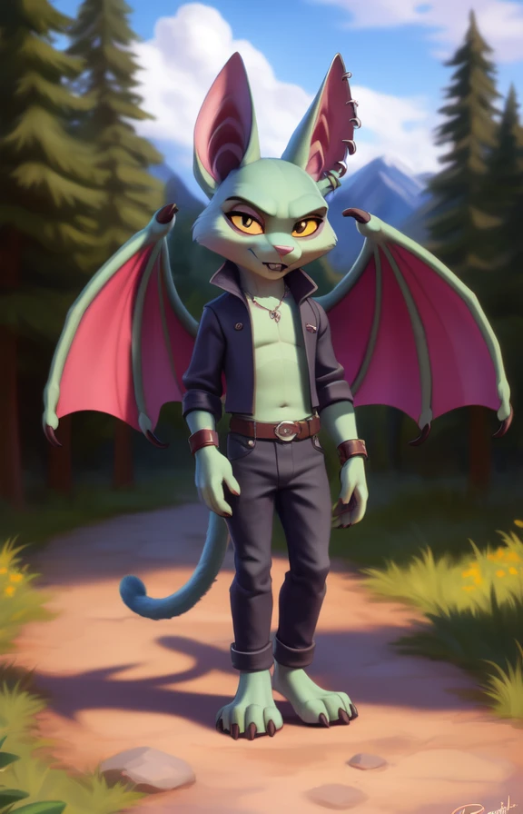 CatBatCrashTeamRumble  <lora:CatBatCrashTeamRumble:0.9>  , yellow sclera, green skin, wings, white fangs,, pants, piercings, chibi,
textured fur, [Forest, path, trees, sky clouds, mountains,] solo,  looking at viewer, to his full height,  boy male,  wristband on the tail,
[by personalami], by smitty g, [[[by Foxovh]]], [[by Ross Tran]]