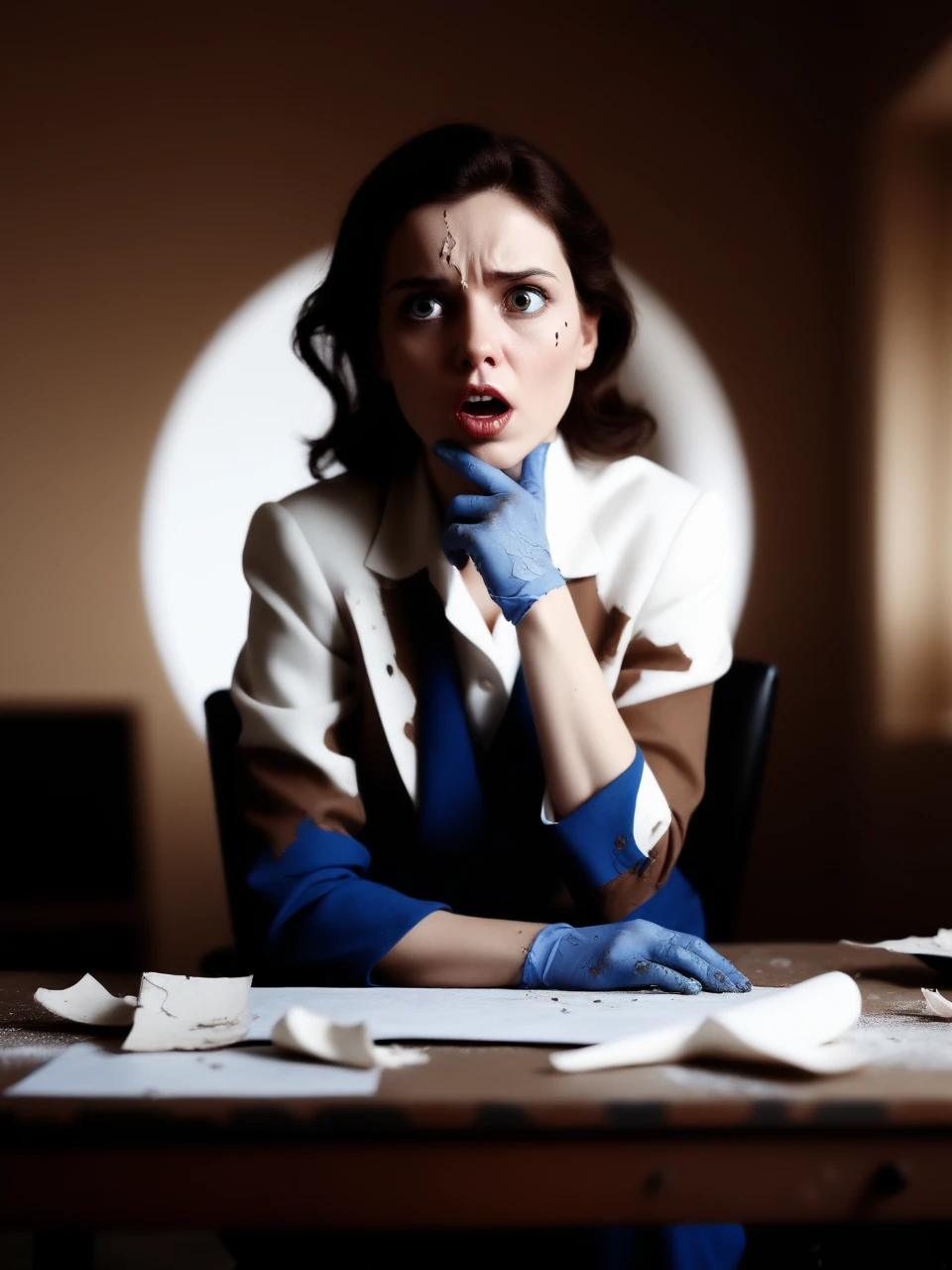 photo cinematic of surprised crackpot woman politologist , which is a person who studies politology; a scientist kind of, eerie, realistic, desolate dusty office full of dirty papers
barnum-melancholy, white theme , white walls background, grit, (rust:0.65), cracks, cracked surface, subtle messy, dust, weary, edges rusty dusty, surface scratches, peeled sun bleeched paint, smudges, crumbles, rugged, used