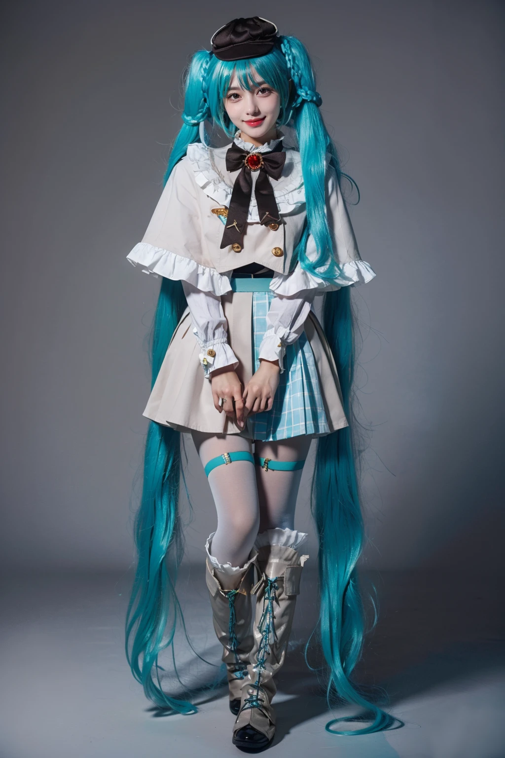 best quality, masterpiece, realistic, photorealistic, 1girl, solo, looking at viewer, smile, standing, full body, v arms, hatsune miku cosplay costume, hatsune miku, cosplay, aqua hair, twintails, very long hair, braid, capelet, long sleeves, skirt, pleated skirt, plaid, frills, bowtie, bow, hat, jewelry, brooch, thigh strap, pantyhose, white pantyhose, white boots, grey background, <lora:miku_cosplay_detective_v1:0.7>