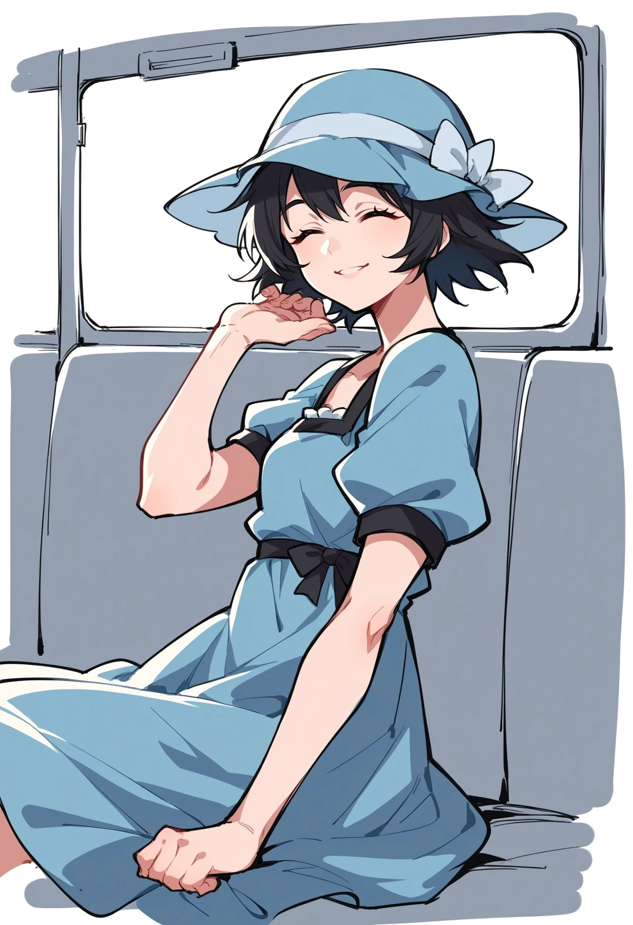 , score_9, score_8_up,score_7_up, source_ anime, lineart, sketch, shiina mayuri, hat, blue dress, short sleeves, smiling, closed eyes, sitting on bus, looking at viewer, from side, solo,
<lora:Potat-lineart_sketch_v1-USENEG:-0.85>   <lora:steinsgate_shiina_ponyXL:0.8>