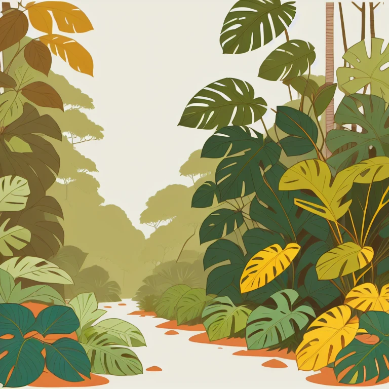 swwinf style, warm colors,neutral color palette,warm color palette,clean lines, manga style,minimalistic style, clear complexion,neutral clean background,(Tropical Rainforest, Dense canopy layers, vibrant undergrowth, sprawling vines, diverse flora and fauna)