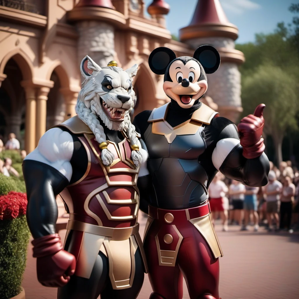 cinematic photo a full body anthromomorphic muscular lyon, (((posing with mickey))) at disneyworld  <lora:BattleBeast1024:0.9> . 35mm photograph, film, bokeh, professional, 4k, highly detailed