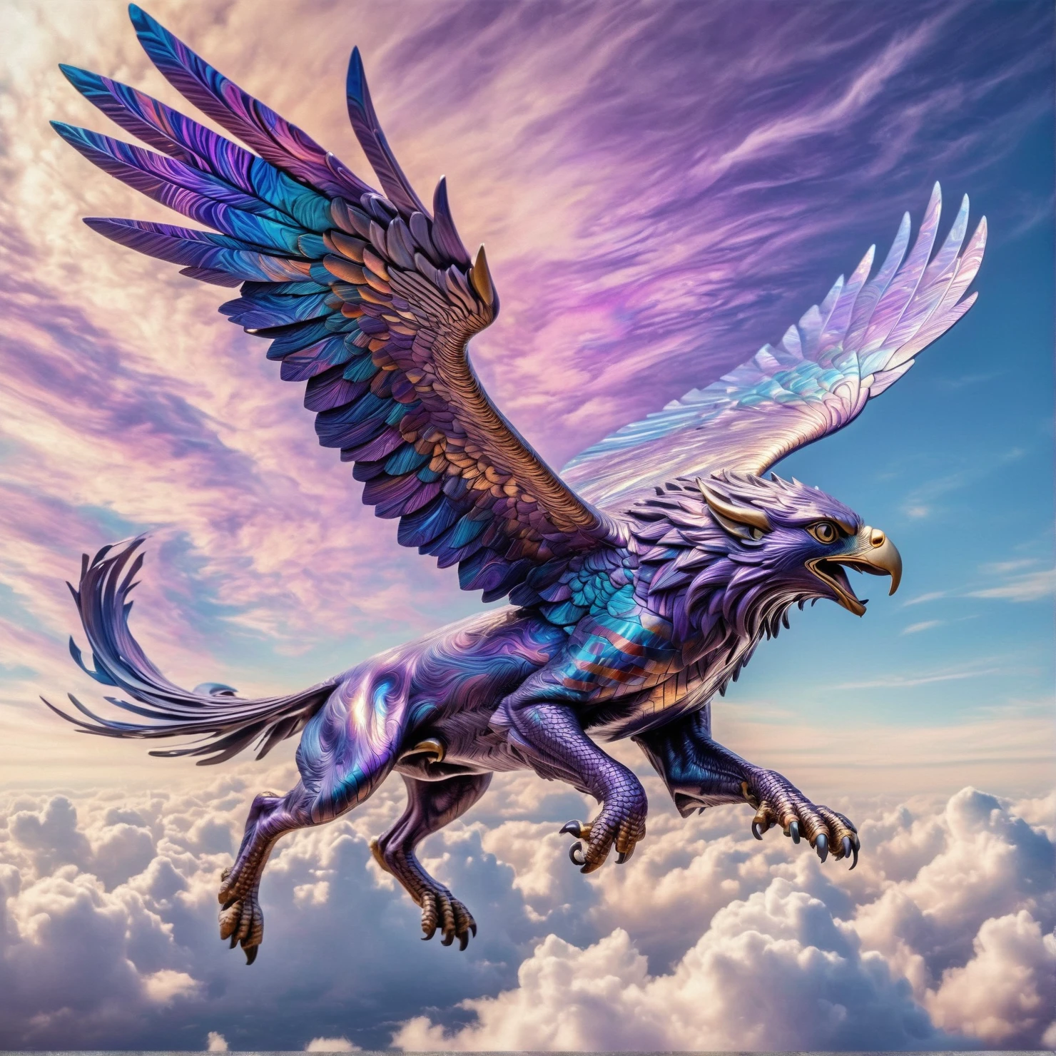 timascus style, realistic,  realistic, a gryphon flying through the sky,  (SimplePositiveXLv2:0.6), <lora:Timascus_merge_update:1>