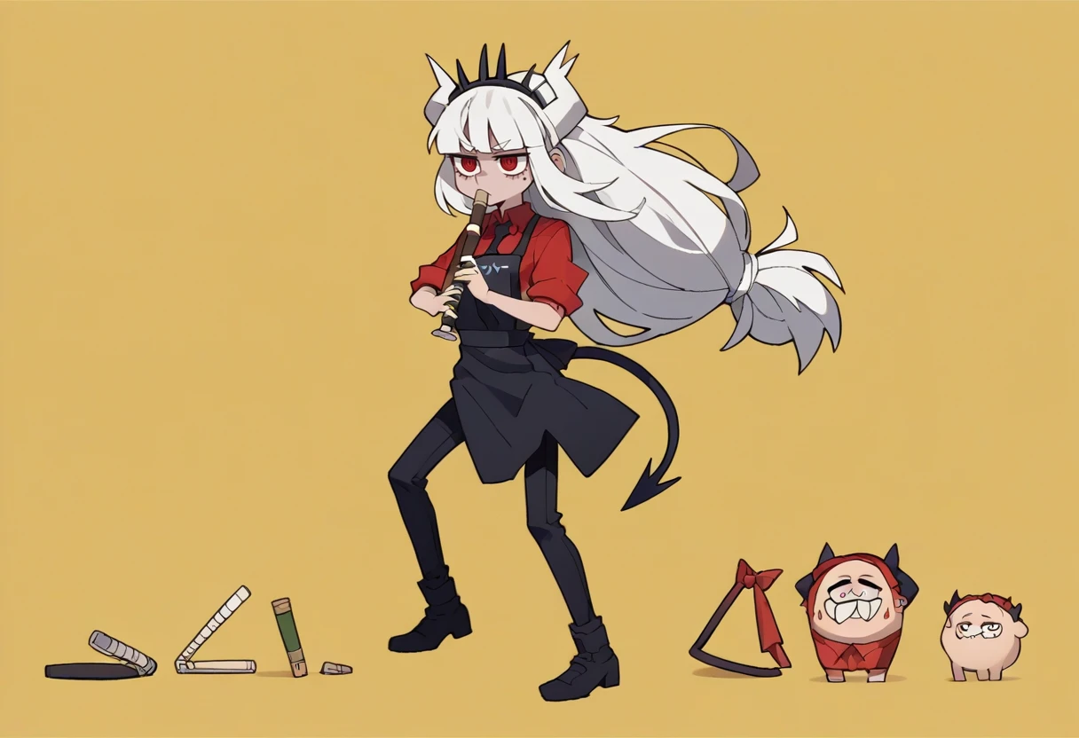 score_9, score_8_up, score_7_up, source_anime, simple background, yellow background, solo, 1girl, lucifer \(helltaker\), helltaker, mole, kyoufuuallback, full body, holding flute, long hair, white hair, demon horns, red eyes, red shirt, black apron, black pants <lora:concept_kyoufuuallback_ponyXL-000009:1>