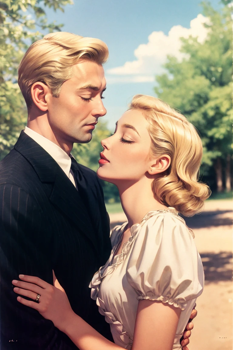 portrait, upper body, hud_40s_lv, 1girl, blonde hair, 1boy, colorized, closed eyes, suit, dress, film grain, cinematic, <lora:1940s_RS15:1>, outdoors, looking at another