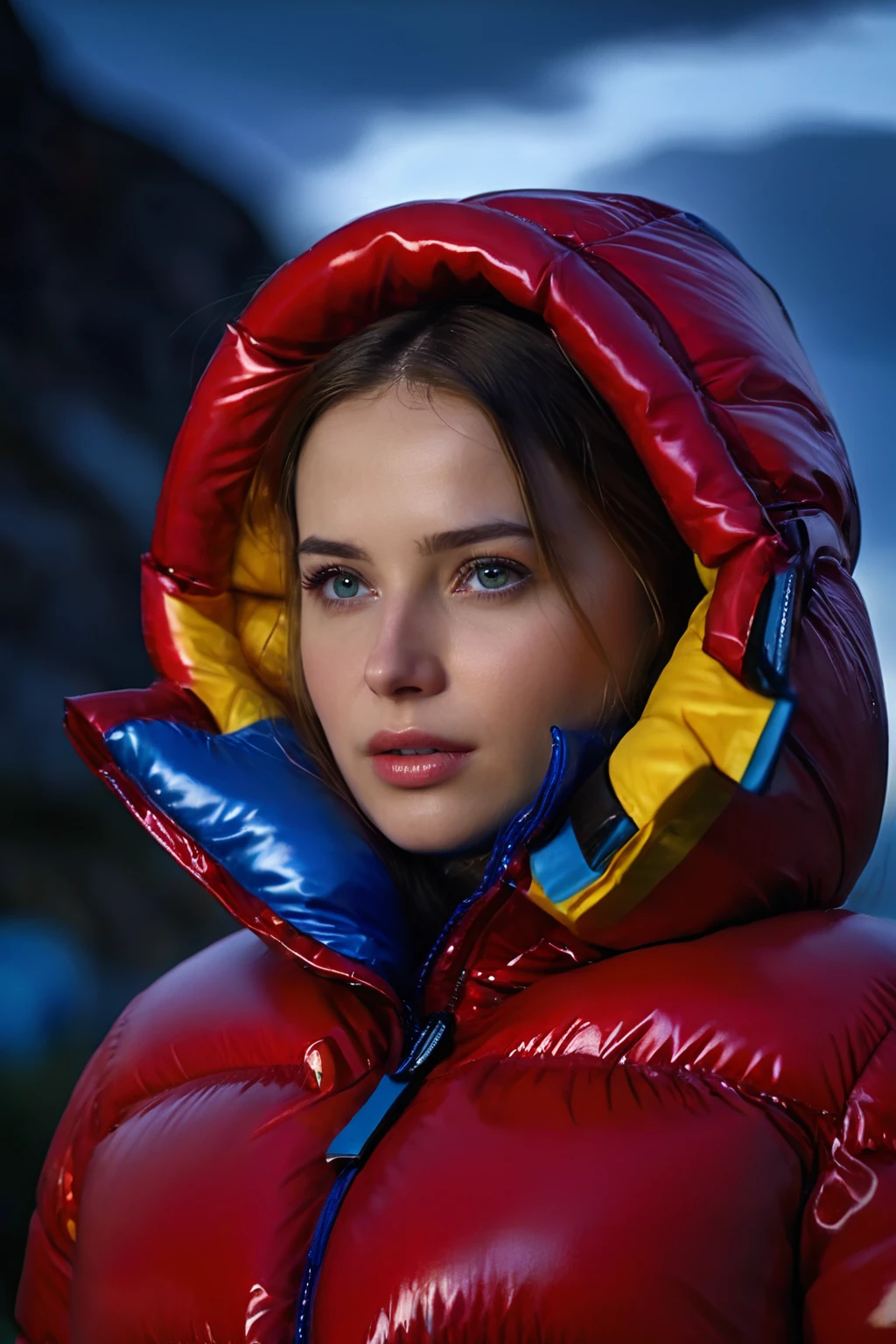 Stunning portrait of a sweet, cute, slim, long haired, young European woman. she is dressed in (shiny), colorful, completely enclosureable, (puffer down outfit:1.3) by parkasite, very high yoked. emotional, tempting, dramatic, high detail, realistic, realistic character design, inspiring, intense emotion, masterpiece, 8k, RAW photo, portrait, best quality, ultra high res, photorealistic, cinematic lightning, digital painting, storytelling, high resolution, depth of field, lens flare, <lora:Parkasite_XL:0.7>