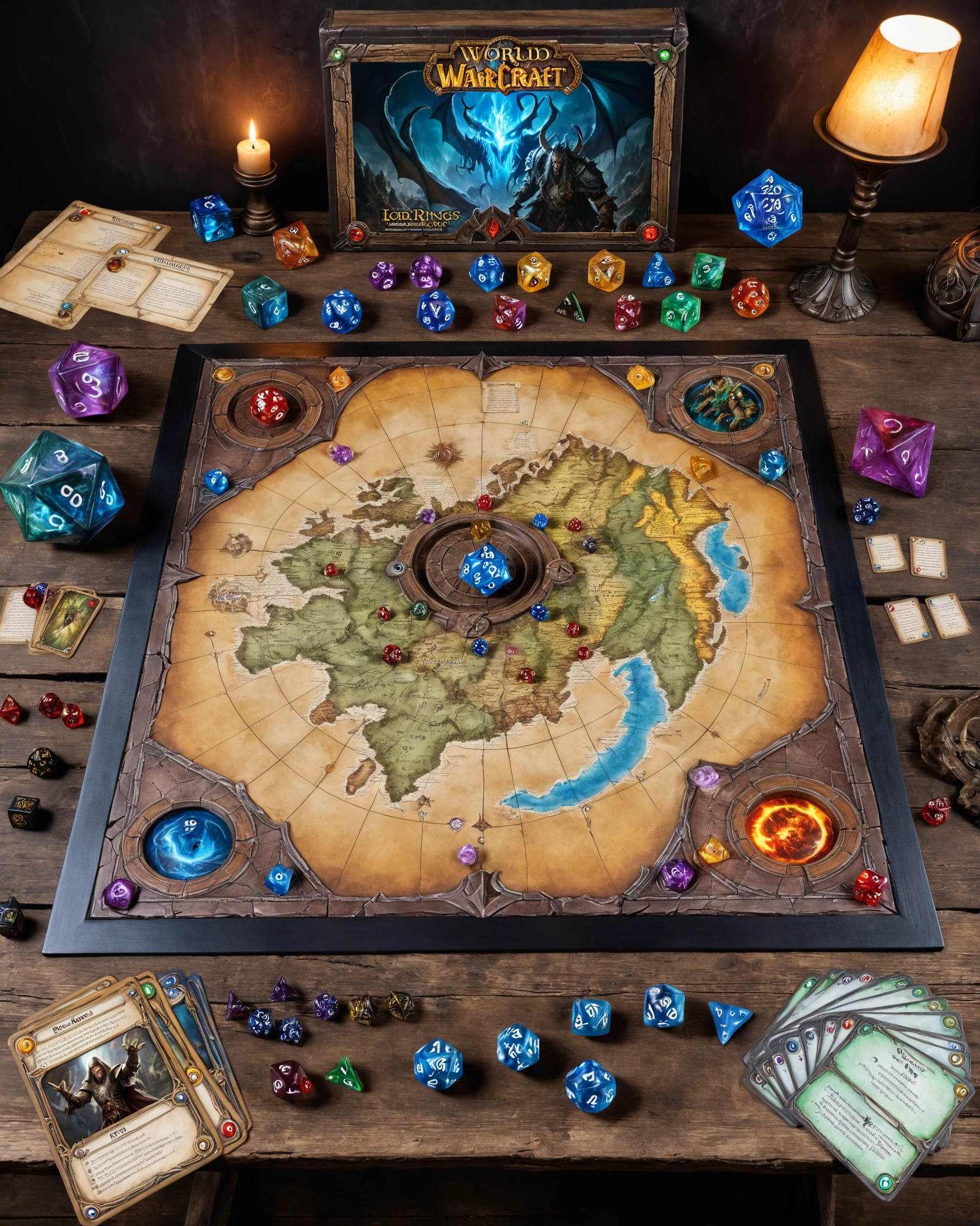 top view of an enormous large living real magical Dungeons & Dragons tabletop board game with Warhammer hero miniature figurines, Magic the Gathering game cards, monster miniatures, torn and worn, map looks to be floating off the paper, sitting on a worn vintage wooden wizard's desk, magical multicolored ink, high quality, imagination, 8k, fantasy art, vivid magical colors, colorful gaming dice, World of Warcraft, Lord of the Rings