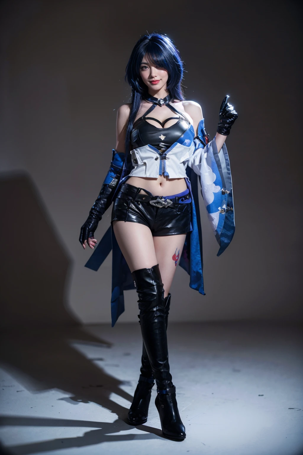 ((niken wearing achreon cosplay costume:1.6)), masterpiece, best quality, realistic, photorealistic, lots of detail, HDR10+, golden ratio, 1girl, solo, young girl, ((full body:1.8)), slender body, medium breast, medium hips, petite girl, perfect woman, extreme delicate beautiful, standing, arms at side, open legs, spreading thighs, sexy pose, blush, sweaty, closed dark room, torii gate, sakura tree, blackhole background, nighttime, horny, trembling, orgasm, female orgasm, katana, weapon, looking at viewer, asians, <lora:Honkai_StarRail_Acheron_costplay_costume_v1:0.6> acheron cosplay costume, acheron, cosplay, blue hair, very long hair, hair over one eye, shirt, asymmetrical clothes, single sleeves, shorts, crop top, belt, tattoo, gloves, single elbow glove, cleavage, boots, knee boots, high heel boots, <lora:JV1_ChillMix:0.6> hair covering one eye