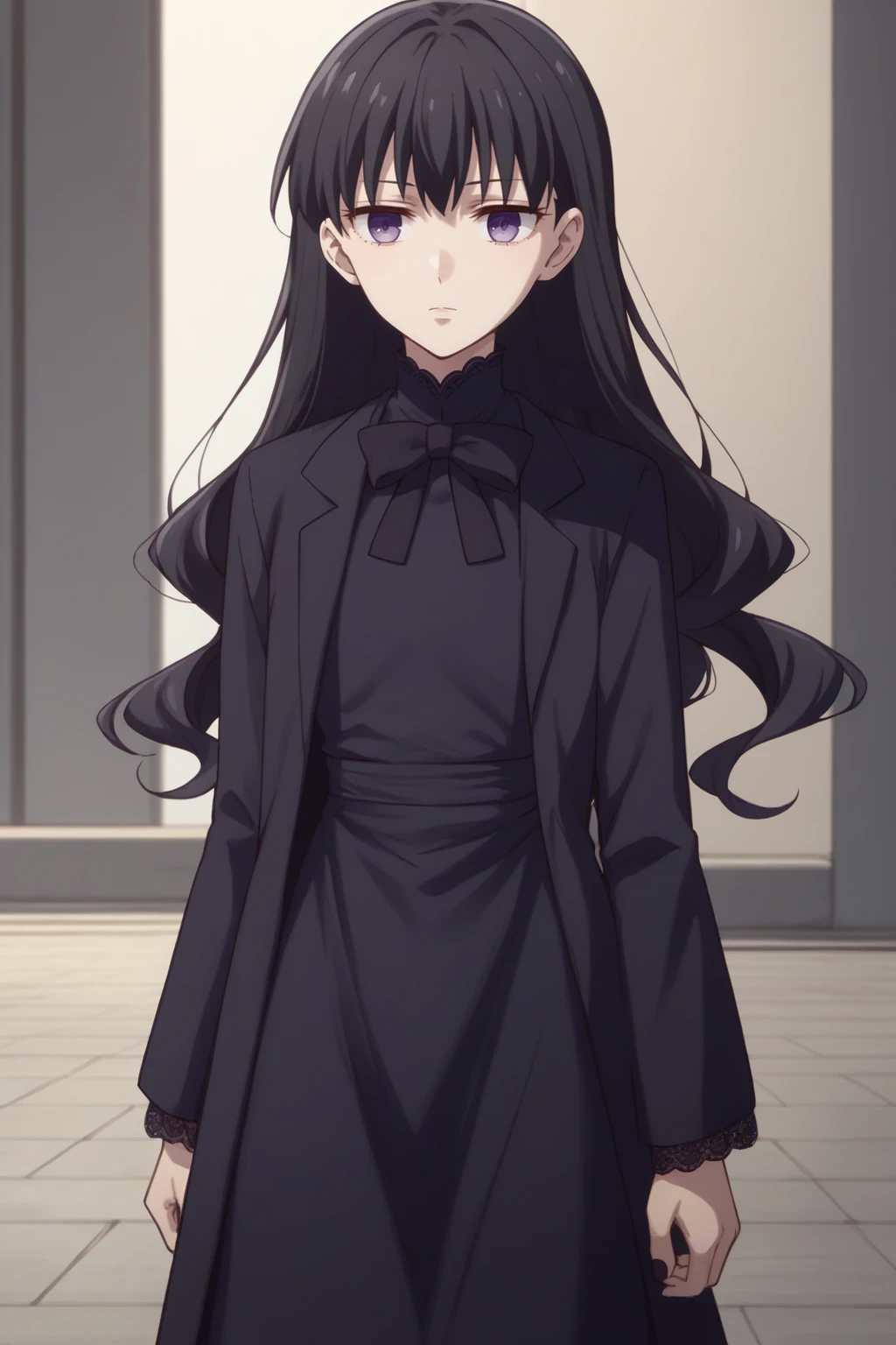 score_9, score_8_up, 1girl, solo, <lora:NSSakiBasket:1> NSSakiDress, black hair, long hair, purple eyes, black dress, black jacket, black bowtie, long sleeves