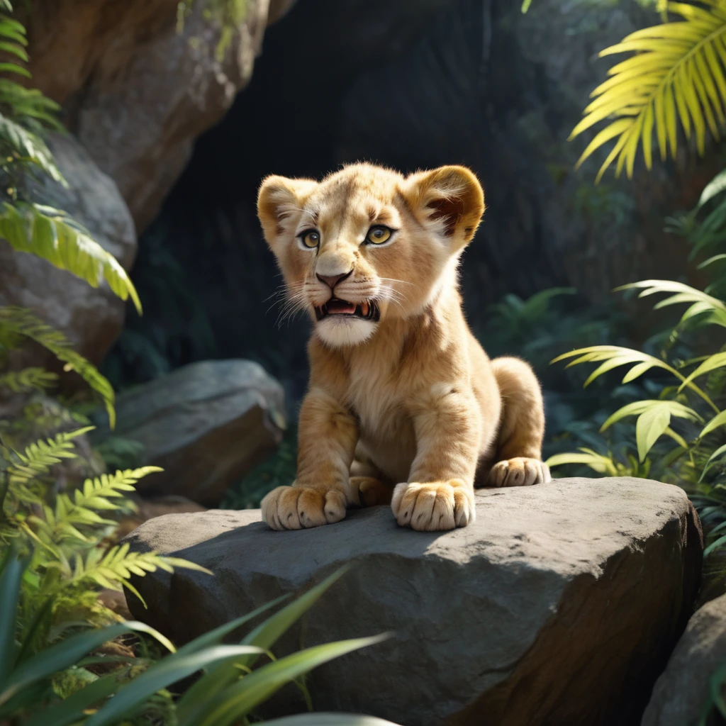 anime artwork of  <lora:the lion king style:0.8> manga style
In the African jungle a cartoon:1 lion cub sitting on a rock in a cave,cartoon,anime,animation,solo,open mouth,yellow eyes,outdoors,teeth,no humans,fangs,parody,colored sclera,animal focus,whiskers,digimon (creature) , realistic, sharp, detailed, documentary style, film light style, movie still, photography, artistic, perfection, contrast, cinematic, filmic, high quality photo,  8k quality, colorful, different animals, national geographic style, the lion king style, anime style, key visual, vibrant, studio anime,  highly detailed