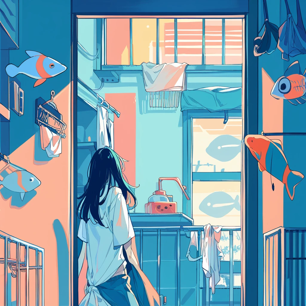 score_9, score_8_up, score_7_up, 1girl, solo, black hair, clothes hanger, laundry, clothesline, window, long hair, bubble, limited palette, shirt, ligne claire, fish, wide shot, railing, indoors, white shirt, flat color, blue theme, <lora:ichigoame-xl-v2-000010:1>,