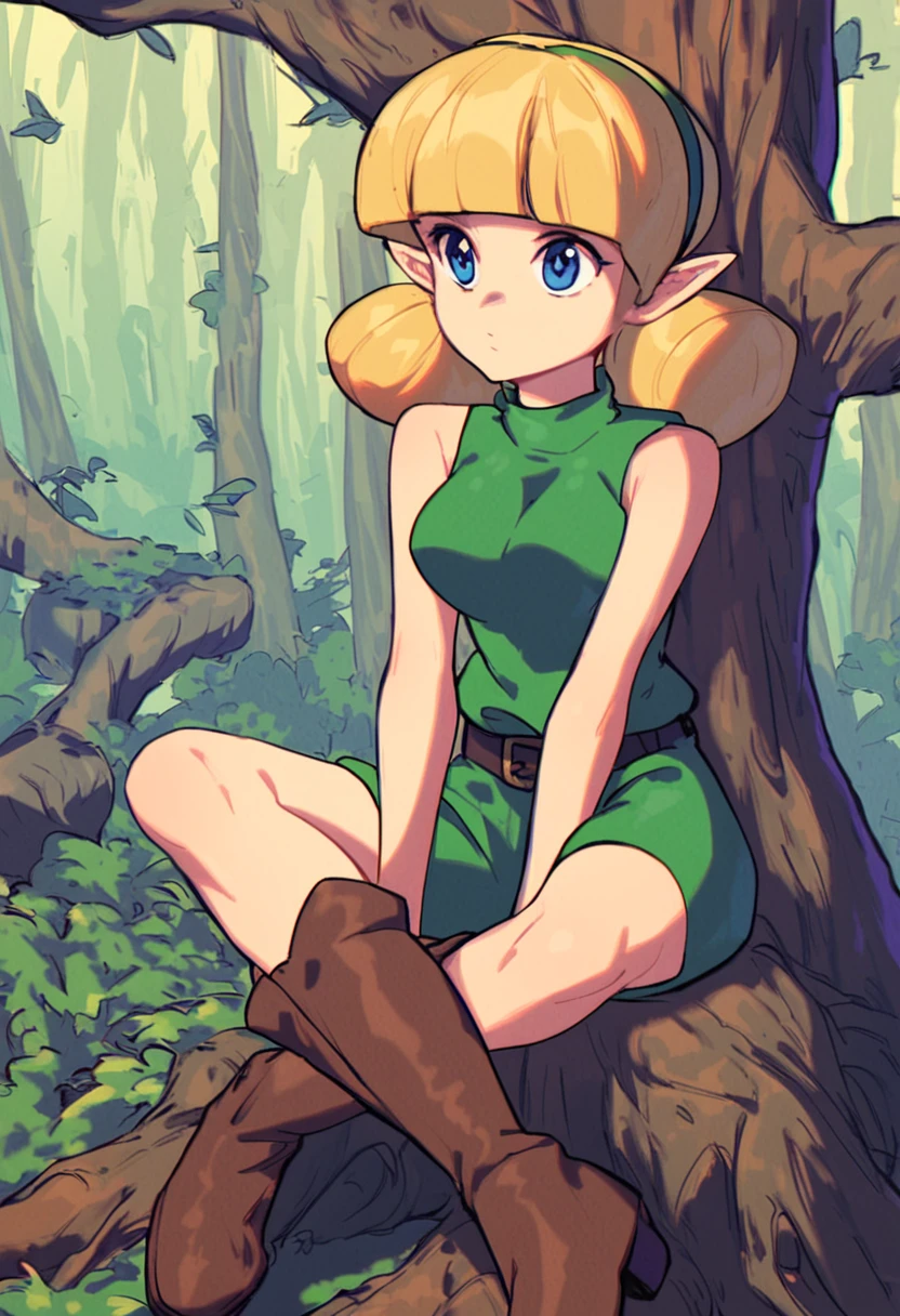 score 9, score 8 up, score 7 up, score 6 up, score 5 up, 
1girl, solo, fado, fadoclothes, blonde hair, bangs, sleeveless, brown boots, intricate details, detailed, facing viewer, medium breasts, source anime, forest, sitting on tree stump,