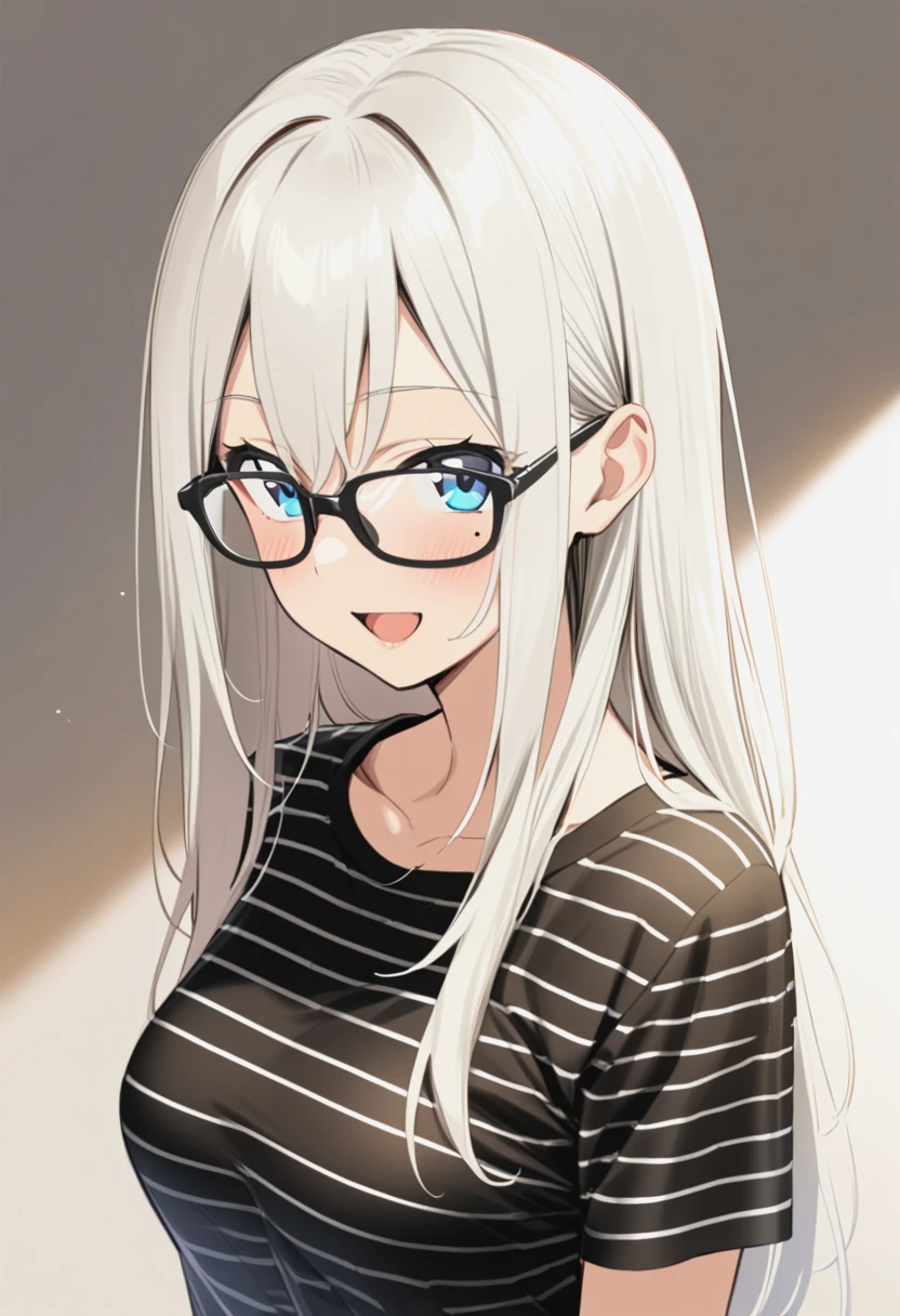 1girl,collarbone,looking_at_viewer,open_mouth,shirt,smile,solo,striped_clothes,striped_shirt,upper_body,<lora:Asutora-chan-xl:1>,asutora-chan,blue eyes,white hair,glasses,black-framed eyewear,hair between eyes,medium breasts,mole under eye,long hair,extremely detailed,perfect texture,masterpiece,