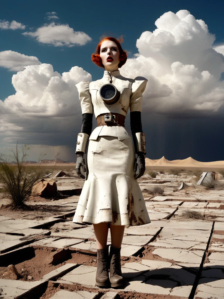 barnum-melancholy, photo cinematic of surprised robot , which is a person who studies entropy; a scientist kind of, eerie, realistic, desolate dusty desert cloudy stormy clouds, huge , white ruins background barnumpunk, grit, (rust:0.65), cracks, cracked surface, subtle messy, dust, weary, edges rusty dusty, surface scratches, peeled sun bleeched paint, smudges, crumbles, rugged, used