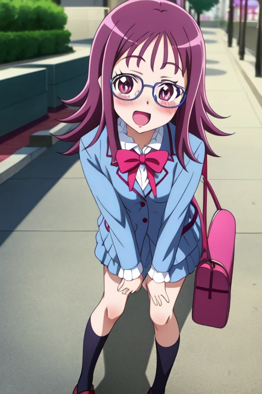 houjousakura, glasses, anime coloring, looking at viewer, socks, blush, :d, jacket, bag, blazer