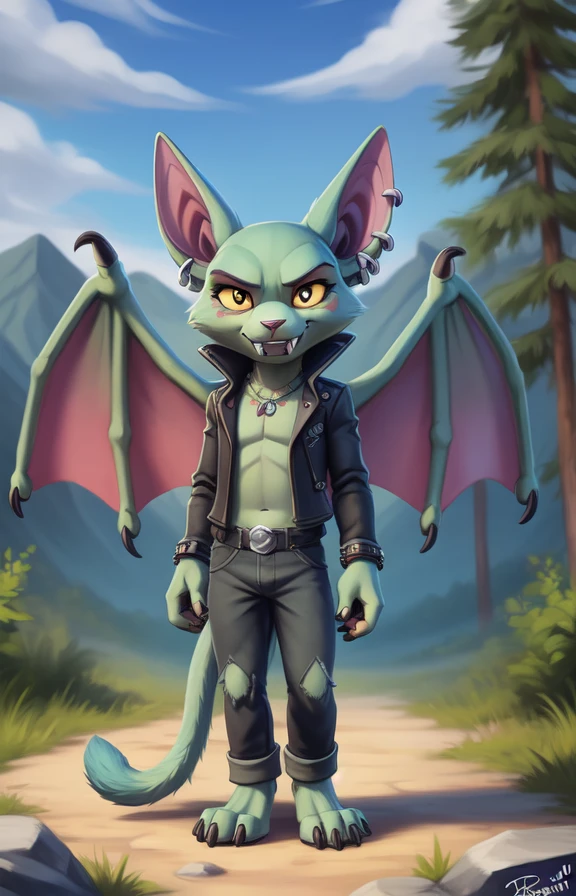 CatBatCrashTeamRumbleRoc  <lora:CatBatCrashTeamRumbleRoc:0.9>  jacket , yellow sclera, green skin, wings, white fangs,, pants, piercings, chibi,
textured fur, [Forest, path, trees, sky clouds, mountains,] solo,  looking at viewer, to his full height,  boy male,  wristband on the tail,
[by personalami], by smitty g, [[[by Foxovh]]], [[by Ross Tran]]