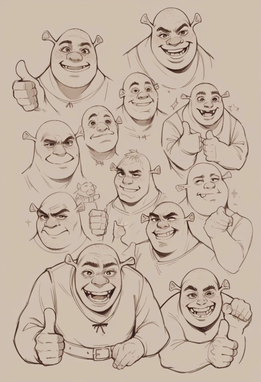 score_9, score_8_up,score_7_up, source_ anime, lineart, sketch, shrek, thumbs up, wide smile, upper body,
<lora:Potat-lineart_sketch_v1-USENEG:-0.85> <lora:Shrek_XLPD:0.8>