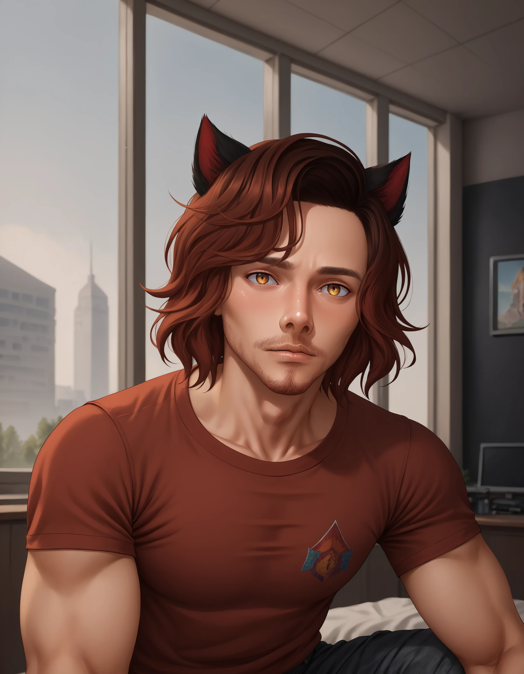 score_9, score_8_up, score_7_up, score_6_up, score_5_up, score_4_up, ultra-detailed, highres, sidelighting, lustrous skin, (bloom), (shine), lighting, ray tracing, solo, solo, brown hair, shirt, 1boy, animal ears, male focus, red hair, pants, cat ears, plaid, window, facial hair, bedroom, laying down, shirtless, denim, animal ears, animal ear fluff, indoors, depth of field, specular highlights, art by artgerm, depth_of_field, very detailed background, highly detailed background, Masterpiece, Ultra detailed, great composition, (Highest picture quality), (Master's work), depth of field, solo, extreme light and shadow, masterpiece, rich in detail, (fine features), (highest quality), (masterpiece), (detailed eyes), detailed face, detailed hair, textured hair, textured fabric, ((cinematic lighting, cinematic angle)), (extremely detailed CG unity 8k wallpaper), (masterpiece), (best quality), (ultra-detailed), (best illustration), (best shadow), perfect lighting, perfect anatomy, vivid colors, <lora:MatoyaXvoor:0.8>