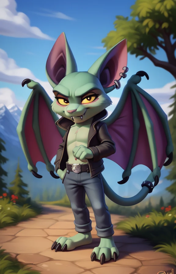 CatBatCrashTeamRumble  <lora:CatBatCrashTeamRumble:0.9>  , yellow sclera, green skin, wings, fangs, pants, piercings, chibi,
textured fur, [Forest, path, trees, sky clouds, mountains,] solo,  looking at viewer, to his full height,  boy male, 
[by personalami], by smitty g, [[[by Foxovh]]], [[by Ross Tran]]