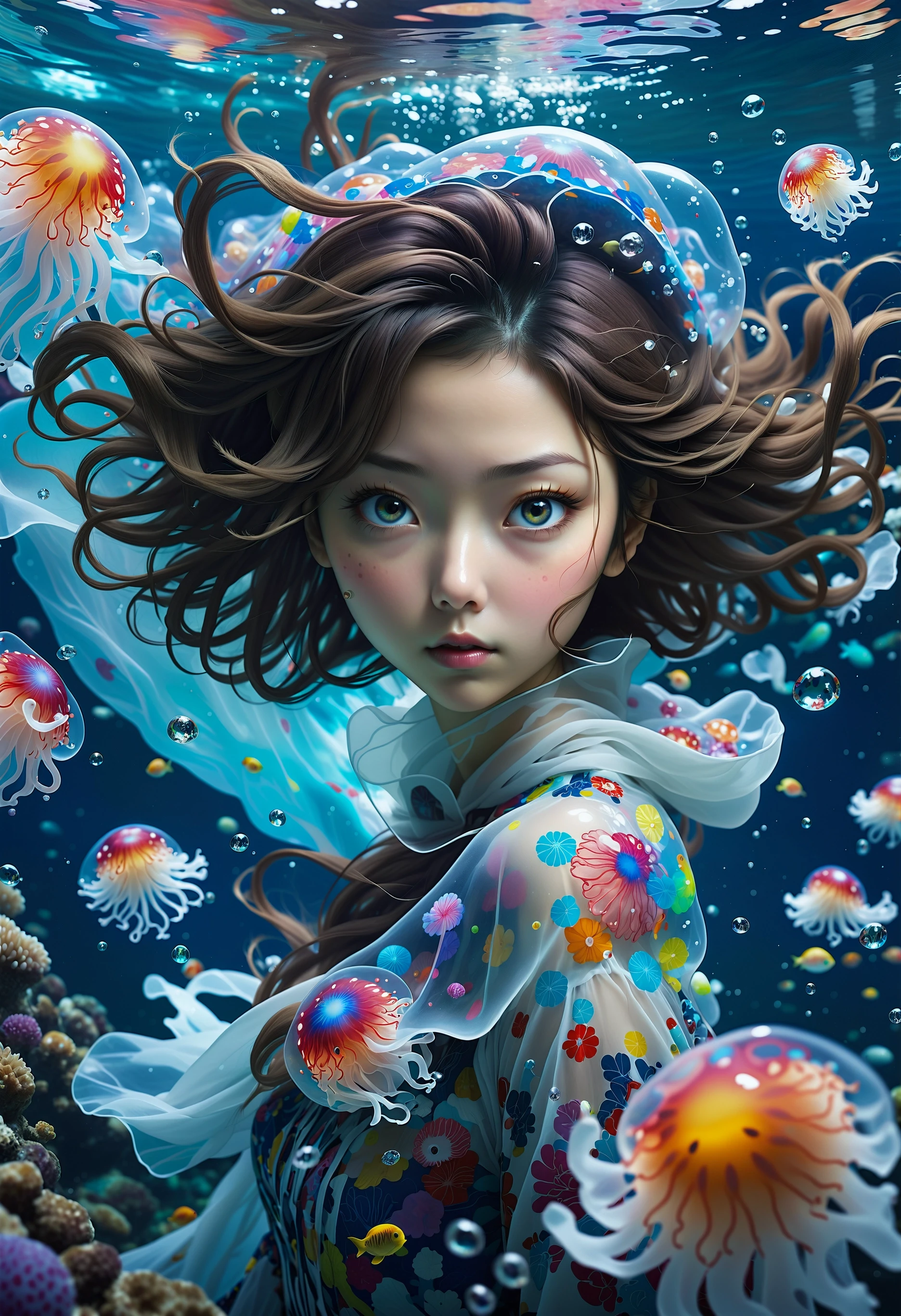 JamesJean, illustration, imagine, dream of,breathtaking anime artwork (art by Takashi Murakami:1.1) and (Krenz Cushart:1.0) , painting, selfie shot angle of a woman a drift in a flock of jellyfish, underwater, deep focus, Chibi Anime, Accent lighting, A female anime character is caught in a moment of tranquility as she drifts through an underwater world teeming with jellyfish. Her chibi style adds a touch of whimsy to her appearance, while the deep focus effect draws our attention to her amidst the vibrant marine life. The artist Takashi Murakami has skillfully used accent lighting to highlight her features and create a captivating scene that blends both reality and imagination.  . anime style, key visual, vibrant, studio anime, highly detailed . award-winning, professional, highly detailed