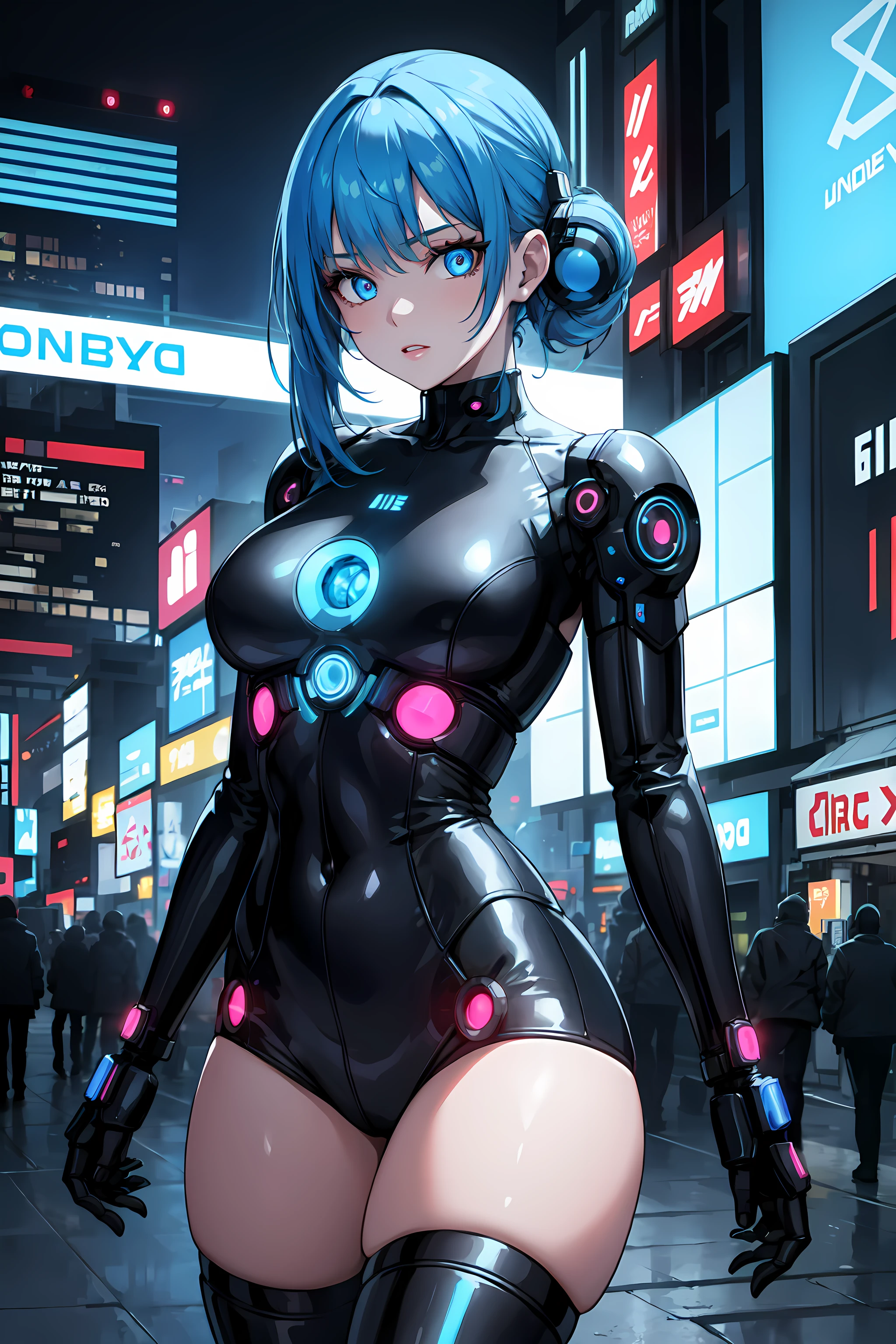 masterpiece, best quality, 1girl, solo, blue hair, android, cyberpunk, neon, city, robotic eyes