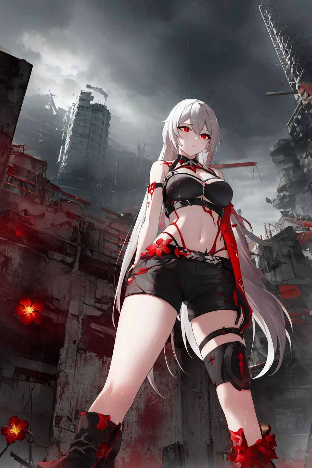 <lora:redacheron_SD:0.75> redacheron, from below, fisheye lens, 1girl, long hair, absurdly long hair,  white hair, red eyes, pale skin, medium breasts, cleavage, thighs, boots, black sleeveless shirt, black shorts, navel, midriff, red flower, honkai \(series\), 
in abandoned shipyard, post post-apocalypse, industrial, storm, rain, lightning, light shafts, bright horizon, concrete, rusted metal,