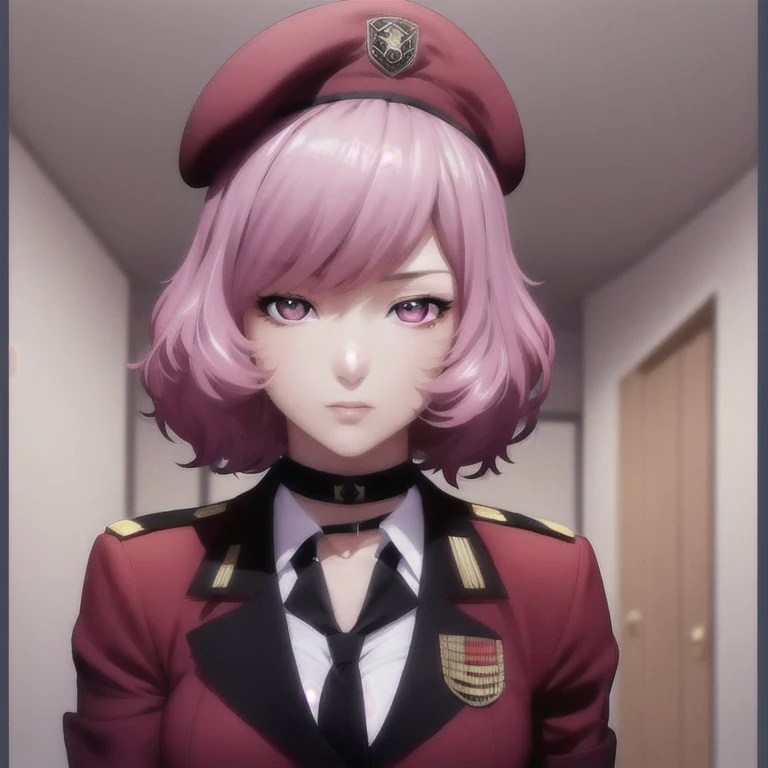 <lora:Gentiane:1> gentiane, pink hair, red eyes, military uniform, black gloves, griffin & kryuger military uniform, beret, beret with pin, choker, choker with pendent, white shirt, tie, hallway setting, posters on wall, medium shot,, best quality, masterpiece, detailed, 8K, uhd, (extremely detailed CG unity 8k wallpaper),(masterpiece), (best quality), (ultra-detailed), (best illustration), detailed face, skin pores, detailed skin, detailed eyes, high quality eyes, good quality hands, high resolution,