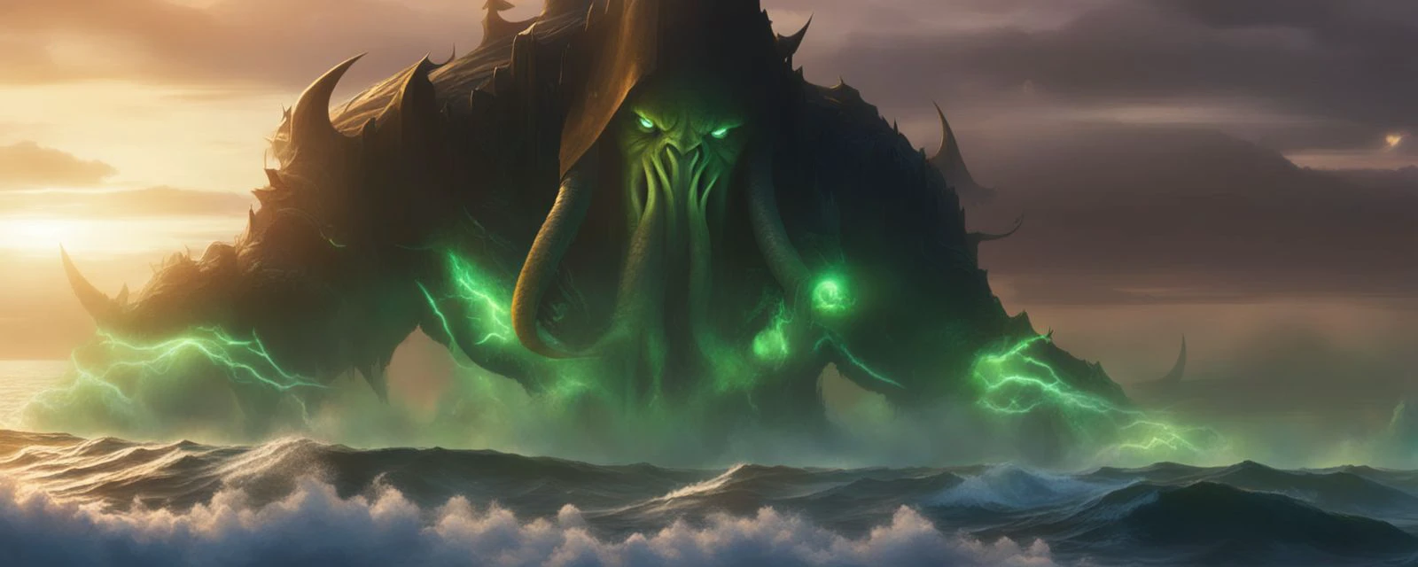 Cthulhu rising from the sea in a great storm  World of Warcraft cinematic style <lora:SDXL-World-of-Warcraft-cinematic-style-Lora-r32:0.8>