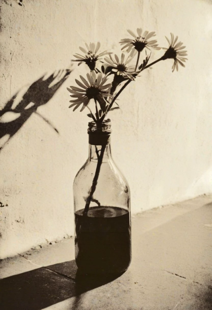 instagram photo,a bottle with a flower,  hard shadows, film grain