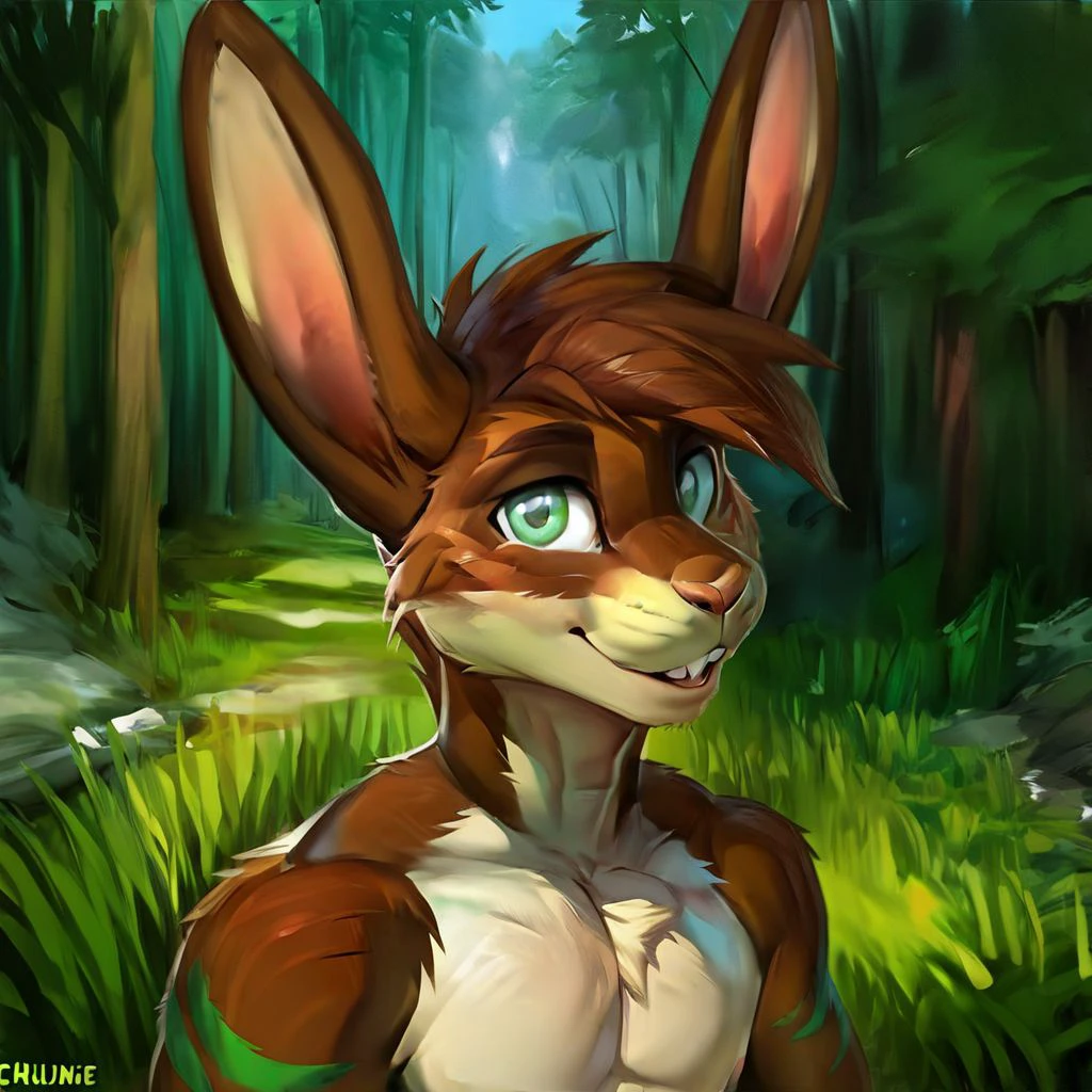 Rabbit[animal], Hare[animal], Bunny[animal], ears, animal ears, small tail, tail, fluff ball tail, small nose, markings, stripes, brown fur, brown body, green stripes, stripes, green markings, markings, white eyes, eyes, two eyes,  (male anthro bunny:1.3).   Solo, alone, by himself, 1boy, male.  athletic, athletic body, (athletic body), (gold body:1.1),  HD, digital painting, digital art, masterpiece.  Headshot, head focus, close to face, closeup, bustshot.  Happy emotion, happy.   outside, forest, trees, woods, grassy floor, grassy, (outside:1.4)  HD, digital painting, digital art, masterpiece ((fullbody portrait)), digital drawing (artwork), digital media (artwork), hi res.  negative_hand. Realistic, Furry, Animalistic features, Anthro, Detailed, Shaded,