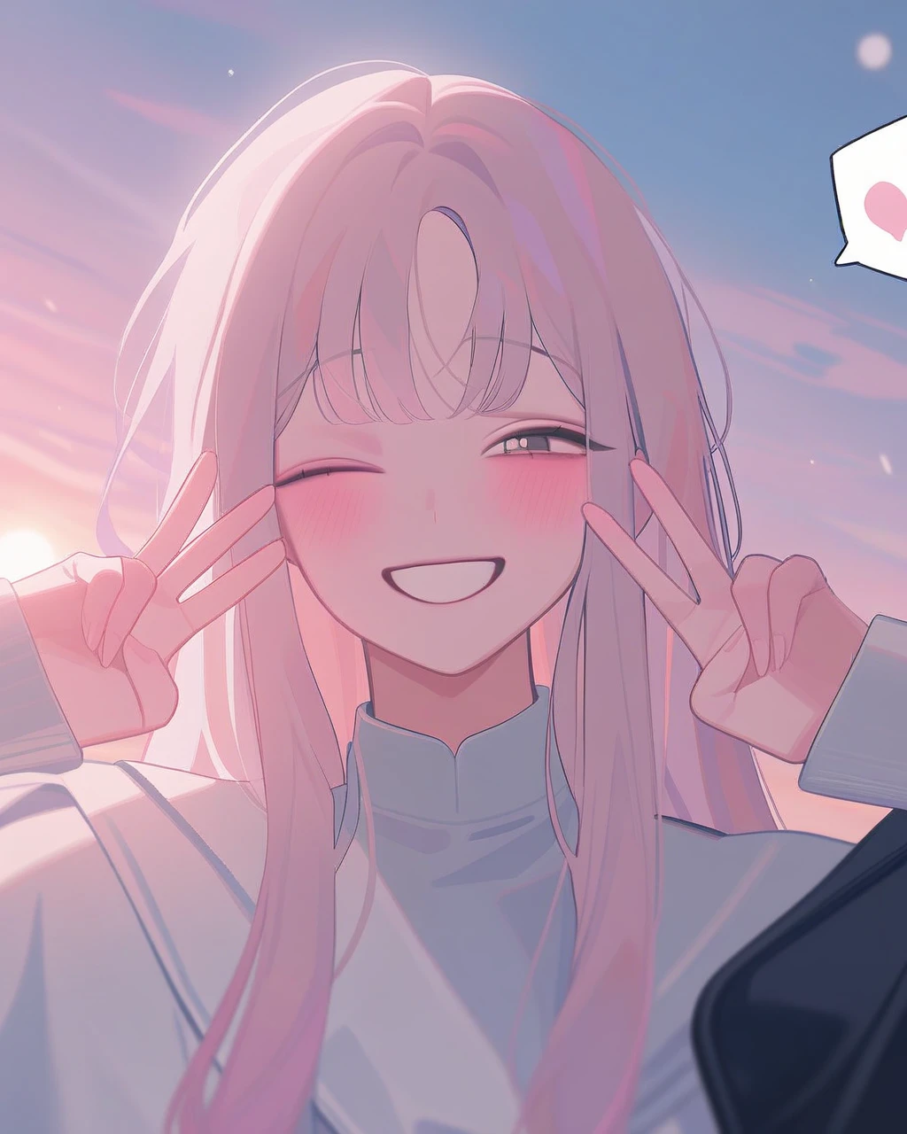 <lora:Lendan-000006:0.8>,lendan,solo,1girl, mika\(blue archive\), blue archive, game cg, solo, double v, happy, (looking at viewer), one eye closed, upper body, spoken_heart, cinematic angle, depth of field, outdoors, sunset, masterpiece, best quality