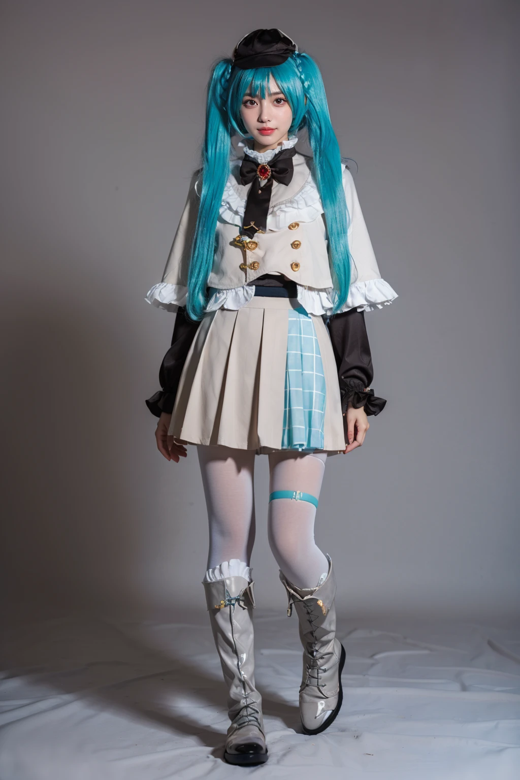 best quality, masterpiece, realistic, photorealistic, 1girl, solo, looking at viewer, smile, standing, full body, arms at side, hatsune miku cosplay costume, hatsune miku, cosplay, aqua hair, twintails, very long hair, braid, capelet, long sleeves, skirt, pleated skirt, plaid, frills, bowtie, bow, hat, jewelry, brooch, thigh strap, pantyhose, white pantyhose, white boots, grey background, <lora:miku_cosplay_detective_v1:0.7>
