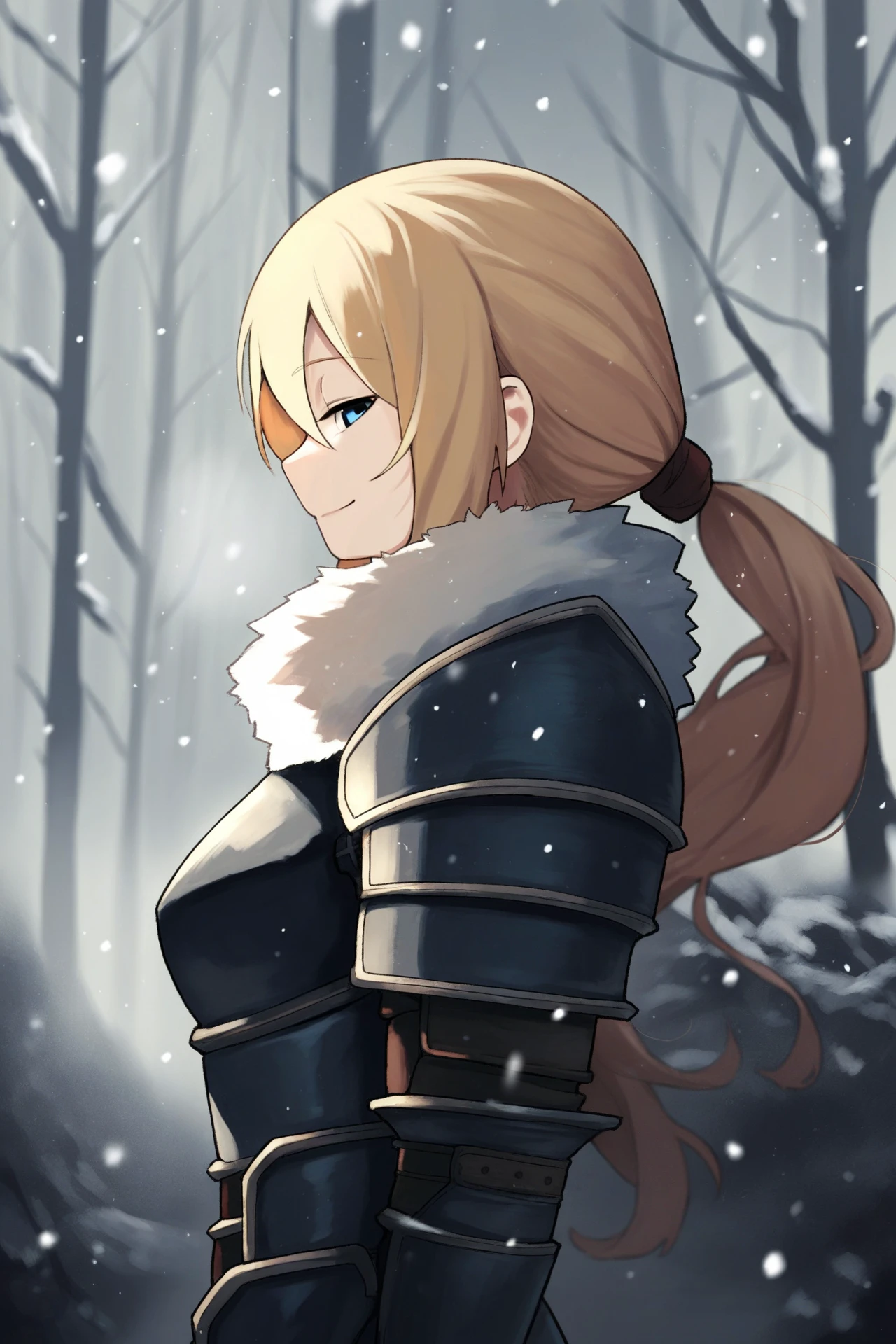 score_9, score_8_up, score_7_up, score_6_up, score_5_up, score_4_up, source_anime, side view, snow, forest, fog, snowing, looking at viewer, blue eyes, blonde hair, light smile, half-closed eyes, solo, female, human, long hair, ponytail, medium breasts, armor, fur trim, pauldron