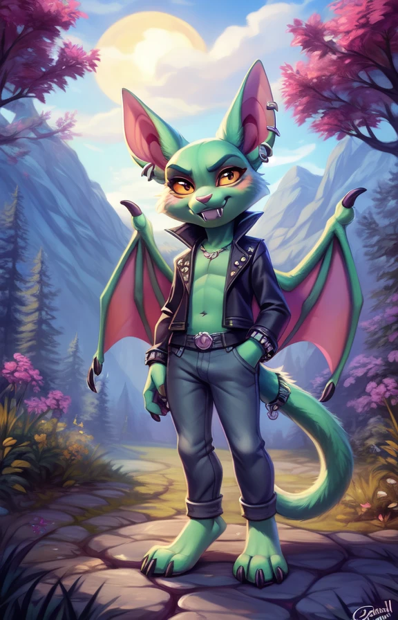 CatBatCrashTeamRumbleRoc  <lora:CatBatCrashTeamRumbleRoc:0.75>  jacket , yellow sclera, green skin, wings, white fangs,, pants, piercings, chibi,
textured fur, [Forest, path, trees, sky clouds, mountains,] solo,  looking at viewer, to his full height,  boy male,  wristband on the tail,
by Ulitochka, by Levelviolet, by Castitas, by Personalami