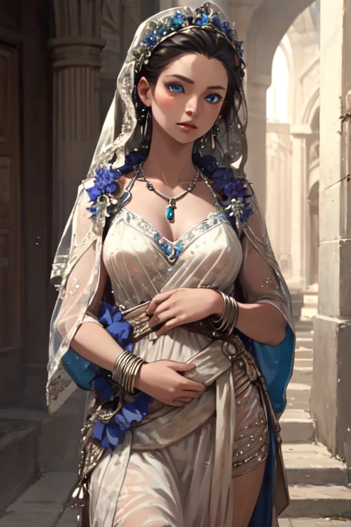 RheaGOW, 1girl, solo, long hair, blue eyes, dress, jewelry, necklace, bracelet, see-through, veil, 