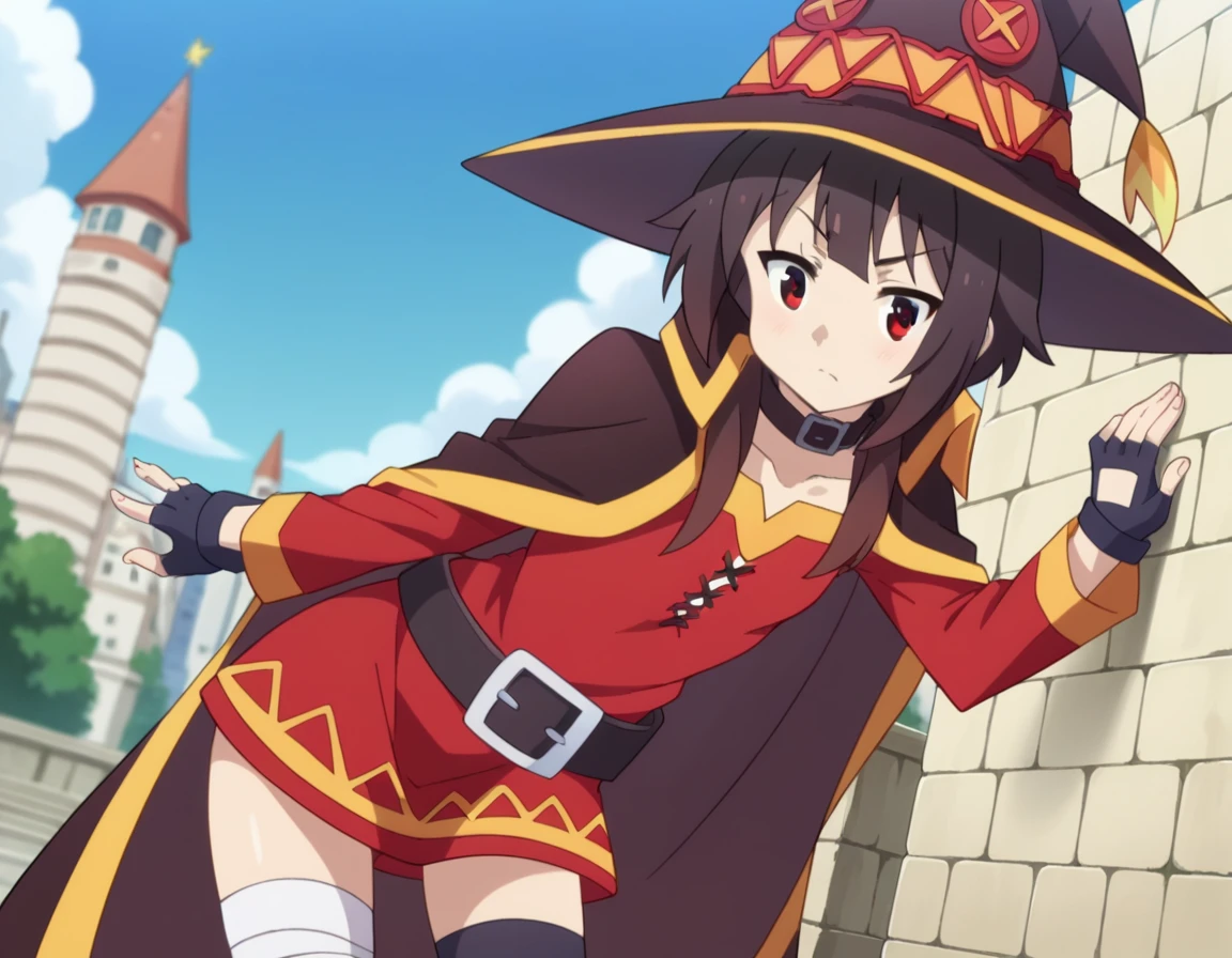 score_9, score_8_up, score_7_up, source_anime,
konosubamegumin, <lora:konosuba-megumin-s2-ponyxl-lora-nochekaiser:1>,
megumin, short hair, black hair, red eyes, short hair with long locks,
thighhighs, gloves, hat, dress, black gloves, belt, black thighhighs, fingerless gloves, cape, collar, witch hat, bandages, red dress, single thighhigh, asymmetrical legwear, bandaged leg,
outdoors, cityscape, bent over,
looking at viewer, dutch angle, cowboy shot,