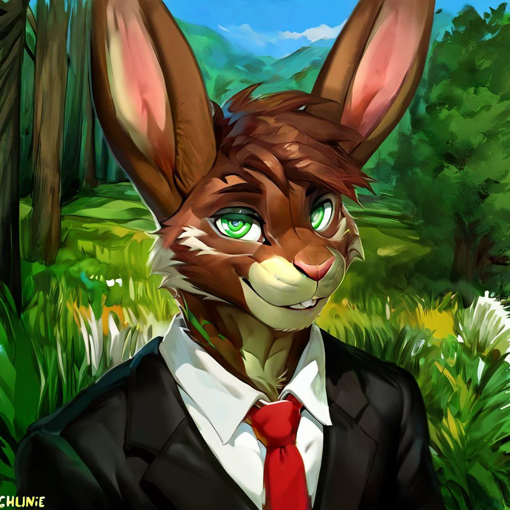 Rabbit[animal], Hare[animal], Bunny[animal], ears, animal ears, small tail, tail, fluff ball tail, small nose, markings, stripes, brown fur, brown body, green stripes, stripes, green markings, markings, white eyes, eyes, two eyes,  (male anthro bunny:1.3).   Solo, alone, by himself, 1boy, male.  athletic, athletic body, (athletic body), (brown body:1.1), clothing, clothed, suit, red tie, red necktie, necktie, black suit, black suit vest, vest, white shirt, shirt, black pants, pants, black trousers, trousers. HD, digital painting, digital art, masterpiece.  Headshot, head focus, close to face, closeup, bustshot.  Happy emotion, happy.   outside, forest, trees, woods, grassy floor, grassy, (outside:1.4)  HD, digital painting, digital art, masterpiece ((fullbody portrait)), digital drawing (artwork), digital media (artwork), hi res.  negative_hand. Realistic, Furry, Animalistic features, Anthro, Detailed, Shaded,