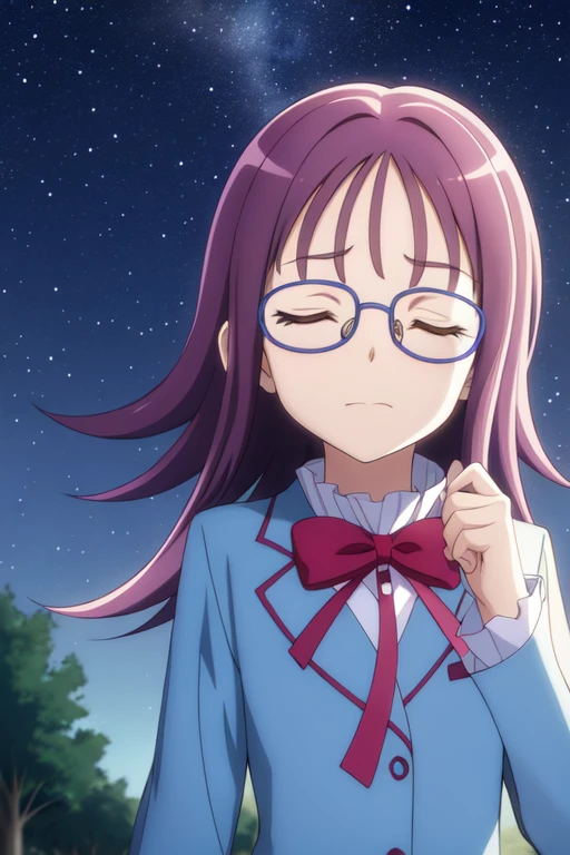 houjousakura, glasses, ribbon, bowtie, tree, closed eyes, sky, night, star (sky), starry sky