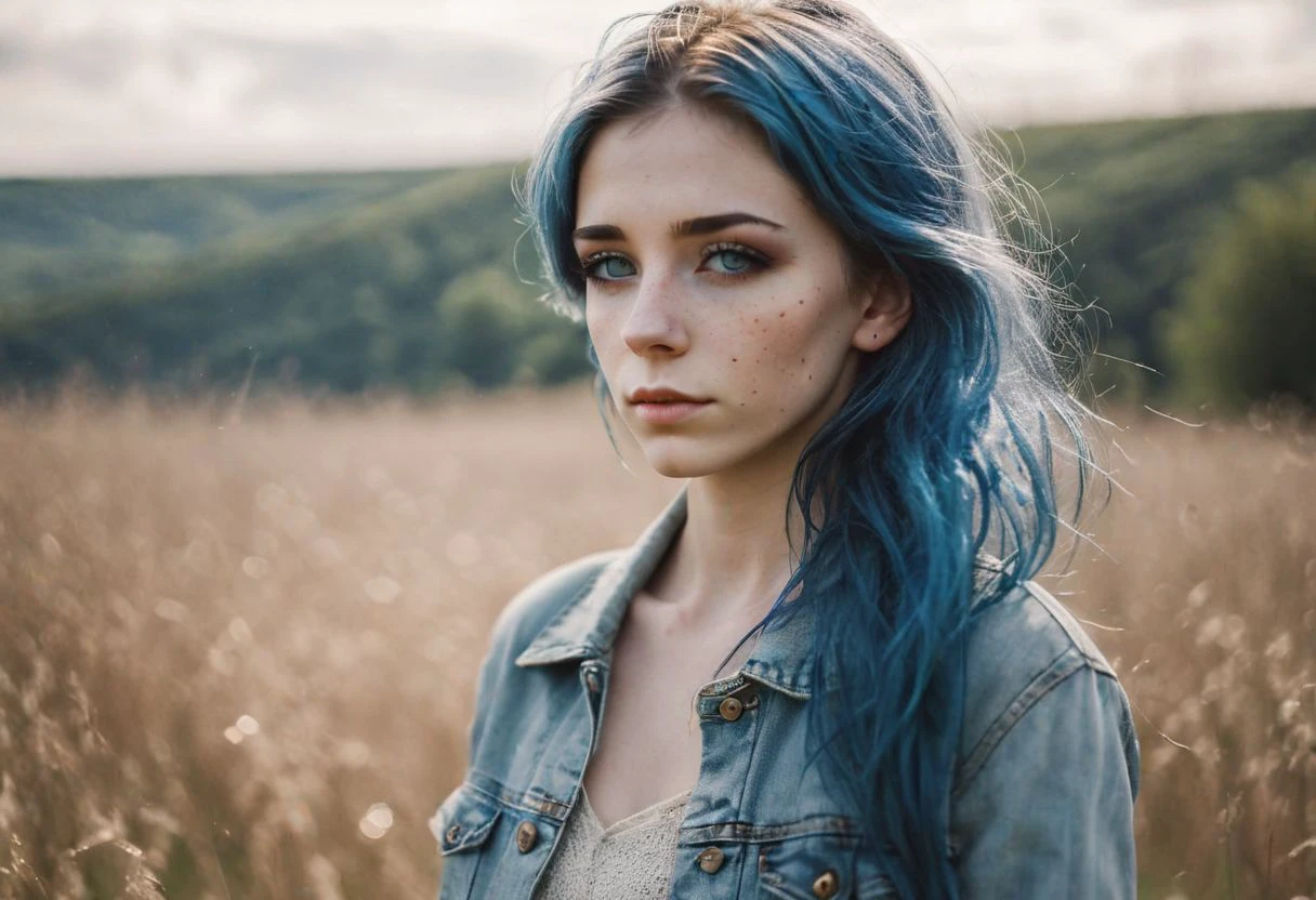 cinematic photo (( film, bokeh, professional, 4k, highly detailed, raw photo, woman (23yo blue hair girl:1.2), makeup, graphic eyeliner, rouge, (choker:0.7), realistic skin texture, warm lighting, cosy atmosphere, outdoor, (spring:1.1), photograph of a cute girl, pale skin, freckles,) wearing closed long sleeve jacket, jeans, beautifully fit body, brunette hair blowing in the wind, eyes closed, wiese, im hintergrund ein paar pferde . 35mm photograph, film, bokeh, professional, 4k, highly detailed