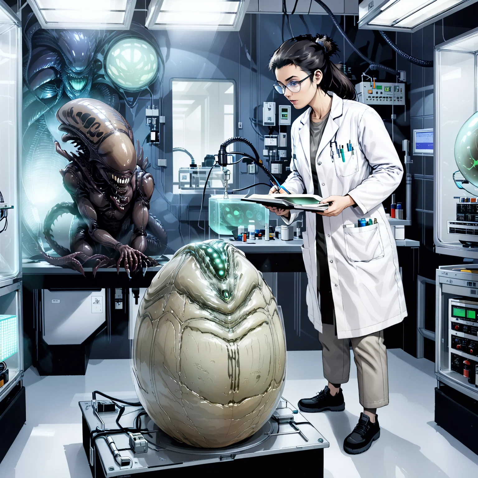 a woman in a laboratory studying an alien egg, xenoegg, lab coat, xenomorph in a cage,