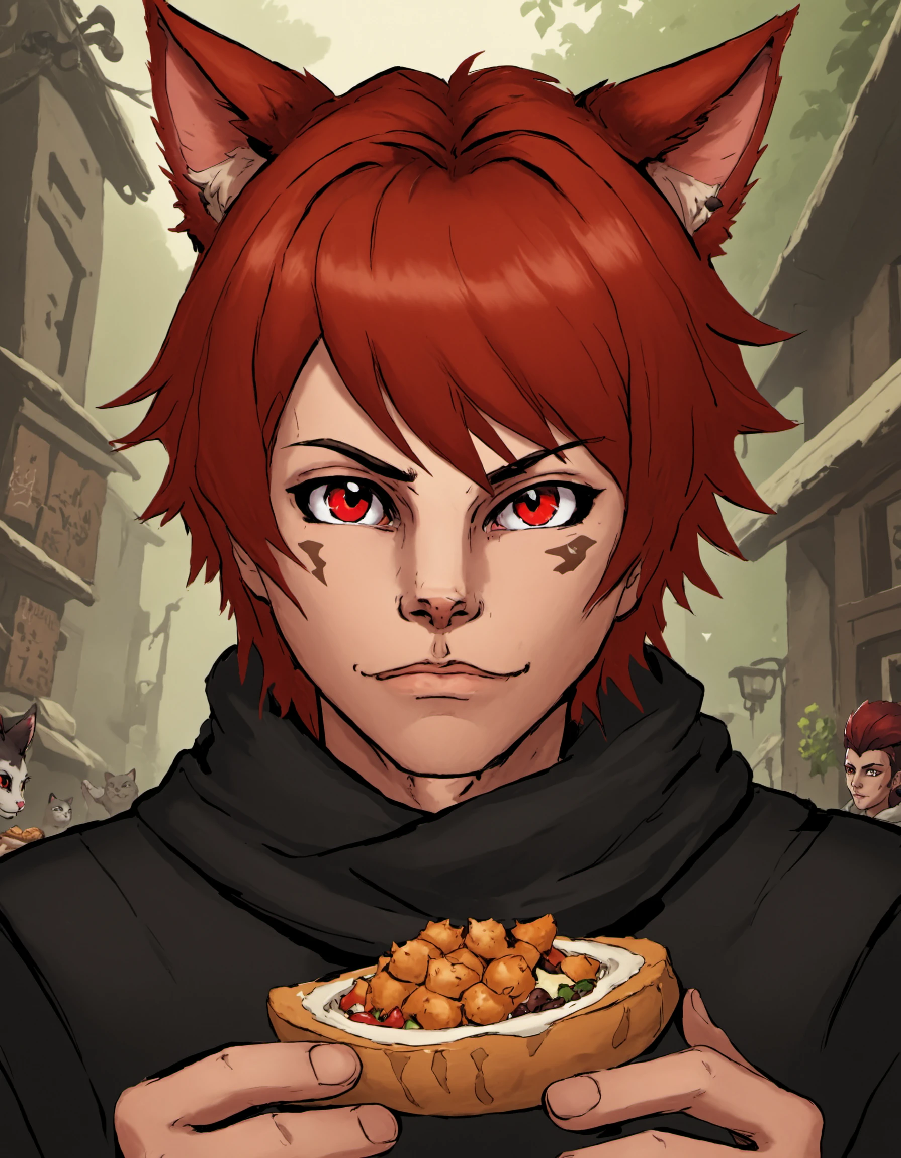 dskflatz , solo, looking at viewer, short hair, bangs, brown hair, hair ornament, red eyes, 1boy, holding, animal ears, upper body, male focus, red hair, outdoors, food, cat ears, scarf, hair over one eye, holding food, slit pupils, portrait, androgynous, headwear removed, hat removed, miqo'te, cat boy, masterpiece, official art, best quality, cinematic angle, dreamlike, <lora:DskArt_SDXL_V3:1>