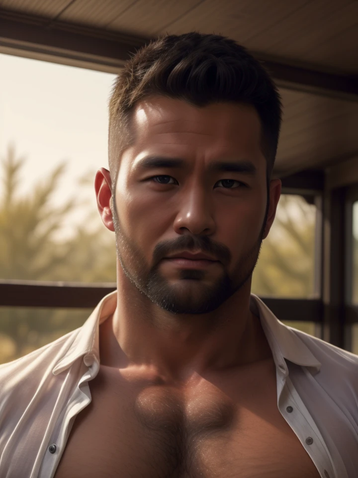 (photo_realistic:1.3), best quality, highres, ultra details, masterpiece,
1boy,8510_male,asian,looking at viewer,outdoors,white shirt,
(hairy body,40 years old, handsome rugged face, stubble, short hair,muscular, beefy),