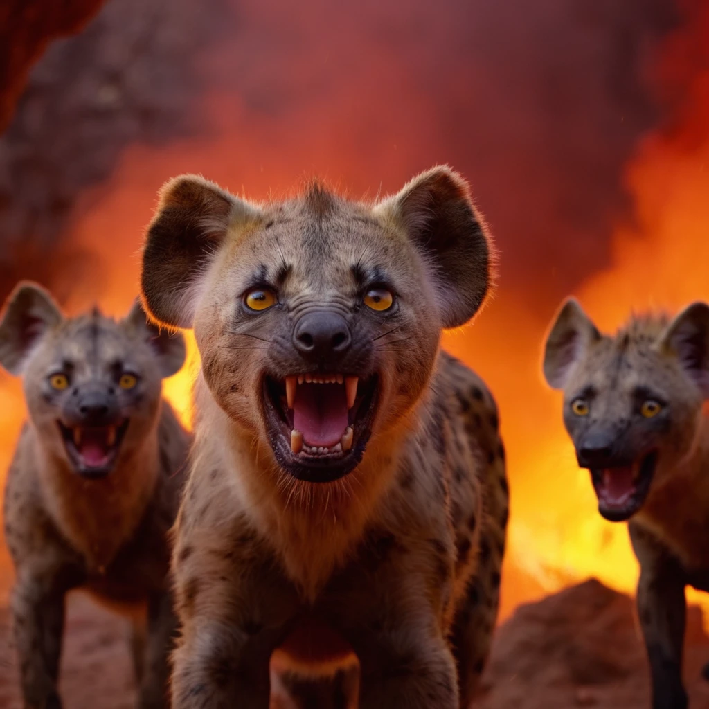 cinematic film still of  <lora:the lion king style:1>
In the African jungle a group of Hyena with yellow eyes standing in a red fire smoke cave area,cartoon,anime,animation,looking at viewer,open mouth,yellow eyes,teeth,blurry,pokemon (creature),no humans,red background,colored sclera,animal focus,red theme,yellow sclera , realistic, sharp, detailed, documentary style, film light style, movie still, photography, artistic, perfection, contrast, cinematic, filmic, high quality photo,  8k quality, colorful, different animals, national geographic style, the lion king style, shallow depth of field, vignette, highly detailed, high budget, bokeh, cinemascope, moody, epic, gorgeous, film grain, grainy