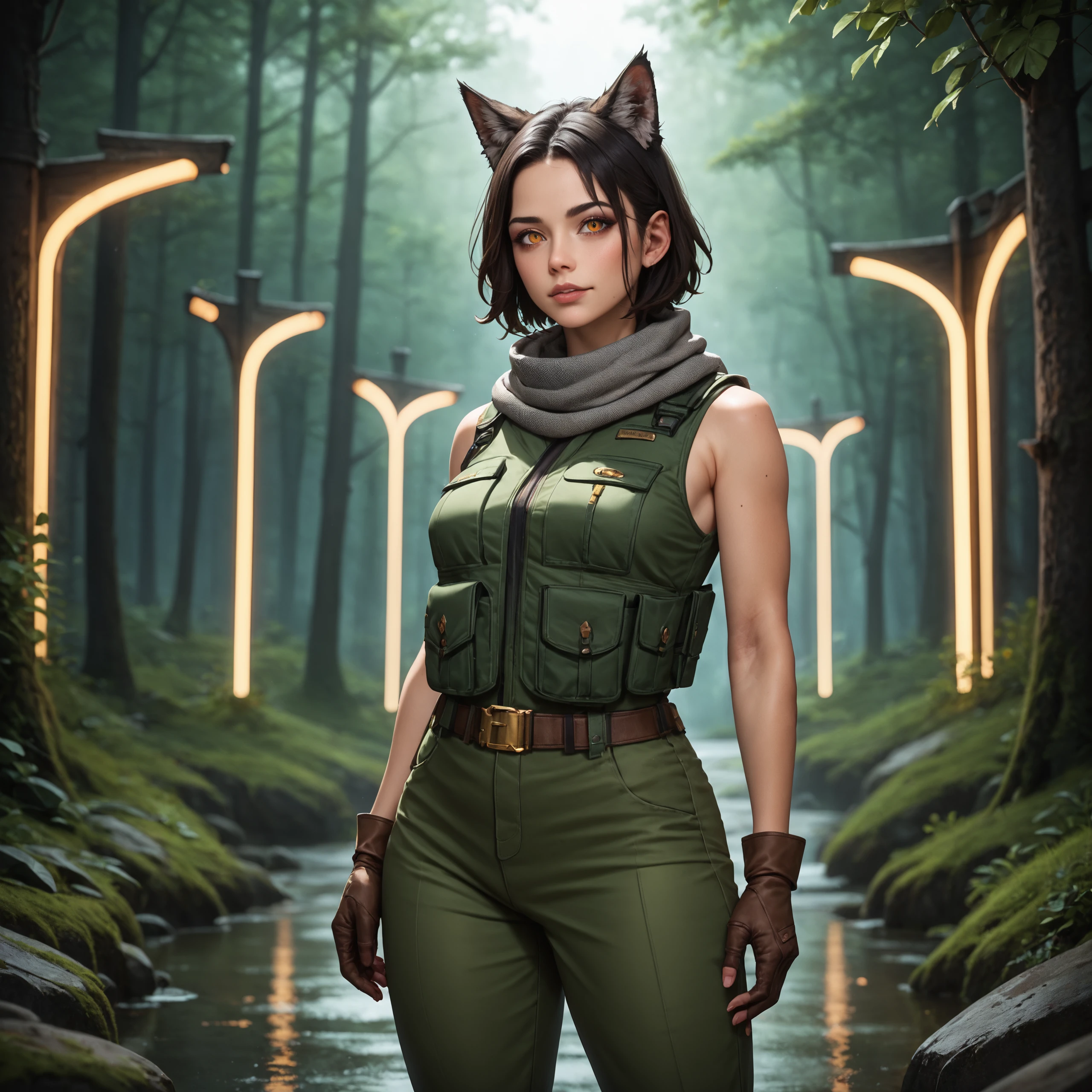 score_9, score_8_up, score_7_up, score_6_up, score_5_up, score_4_up, concept art, realistic 1 girl, Medium black hair, Wolf ears, Amber eyes, Gold eyeshadow, Charcoal grey scarf, Olive drab Special forces clothing, Dark green Bulletproof vest, Deep forest green pants, Dark brown gloves, Yellow neon lights, Moody atmospheric lighting., volumetric lighting, depth of field, cinematic