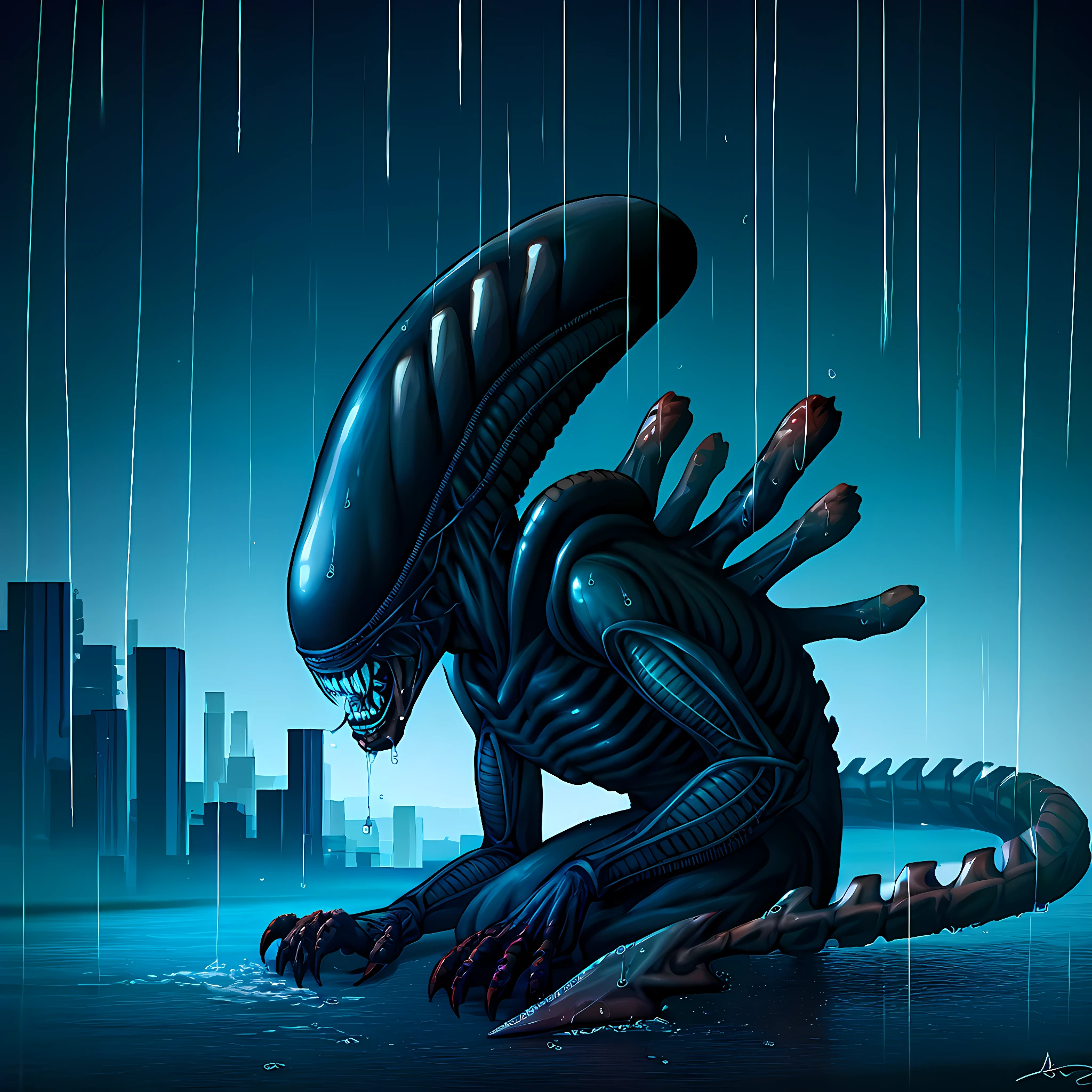 score_9, score_8_up, score_7_up, score_6_up, score_5_up, score_4_up, source_cartoon, BREAK, a xenomorph crouched ready to leap on top of a radio tower in a rainstorm, new york, city skyline, rain, wet, teeth, claws, drool,