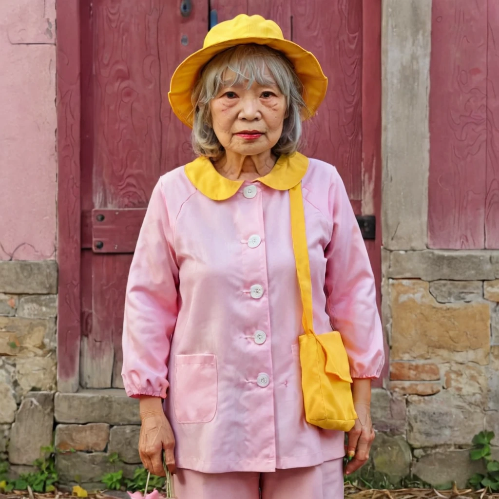 Generate a realistic image of a old woman wearing a pink yuchien and a small yellow hat. she is standing outside,. <lora:yuchienfuku:0.85>, full body,