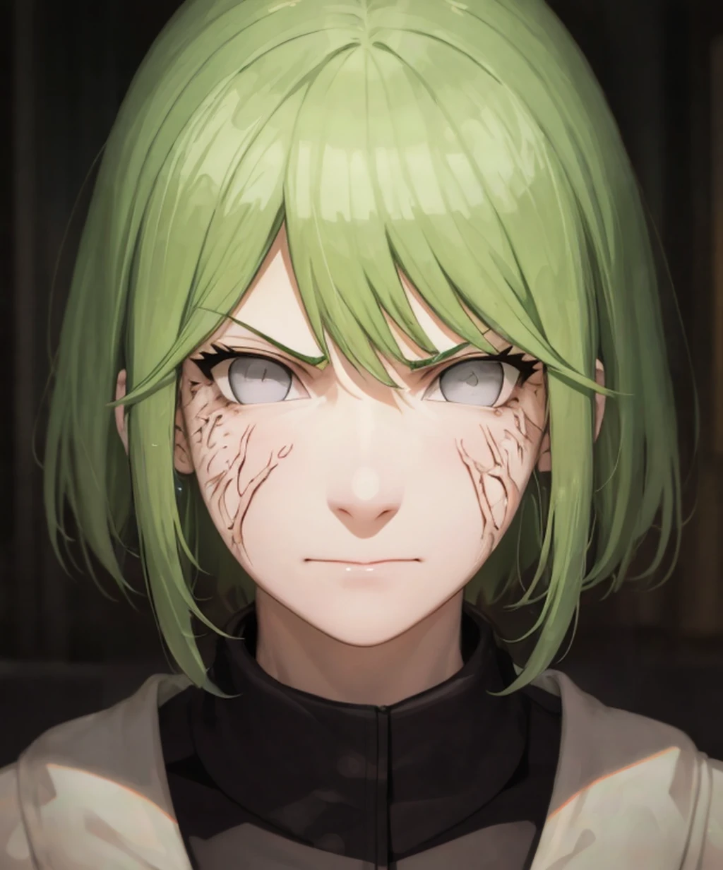 veins,white eyes,anger vein,1girl,solo,green hair,looking at viewer,closed mouth,upper body,smile,frown,facial mark,serious,<lora:byakugan-05:1>,